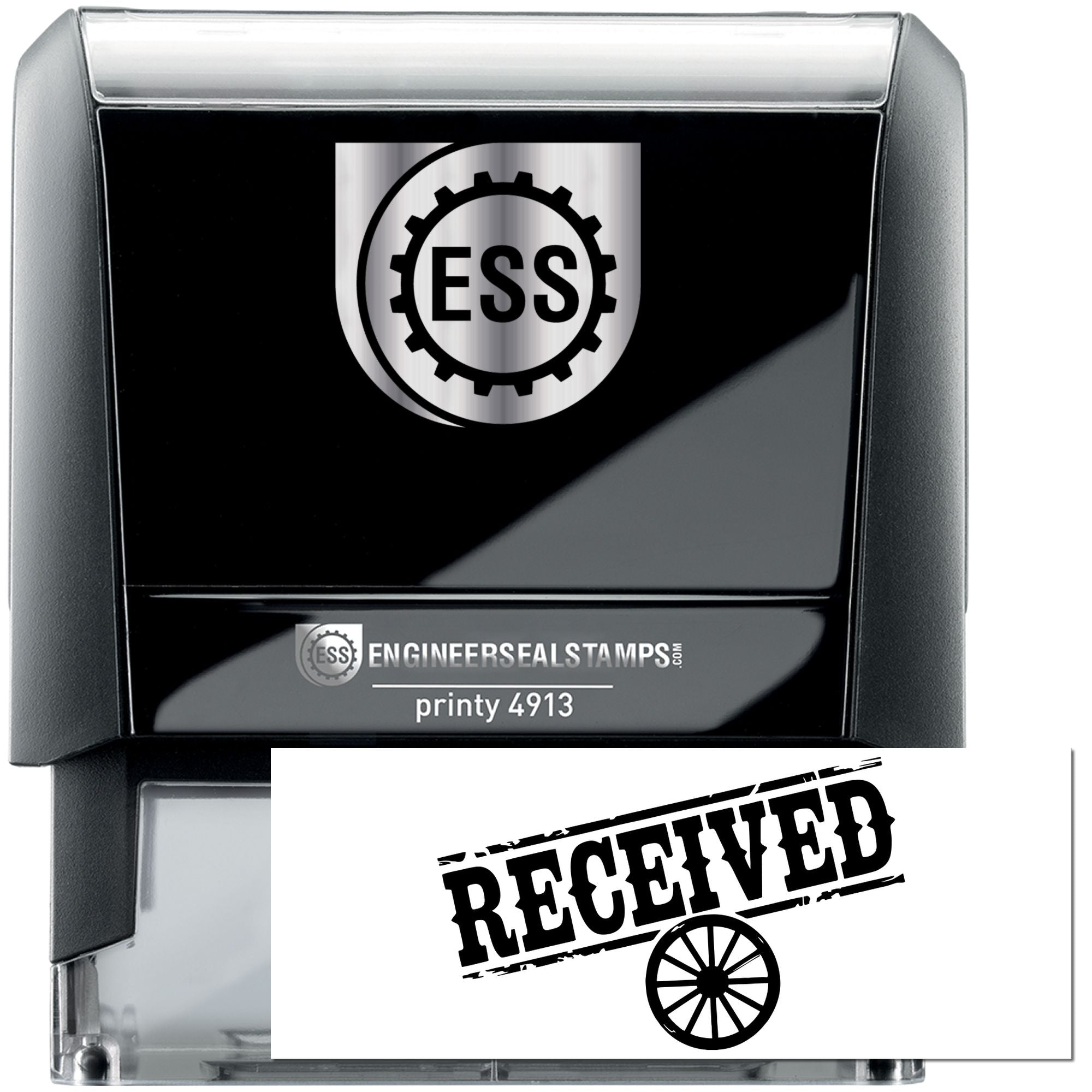 Black self-inking engineer seal stamp with ESS logo and bold RECEIVED imprint on a white card.