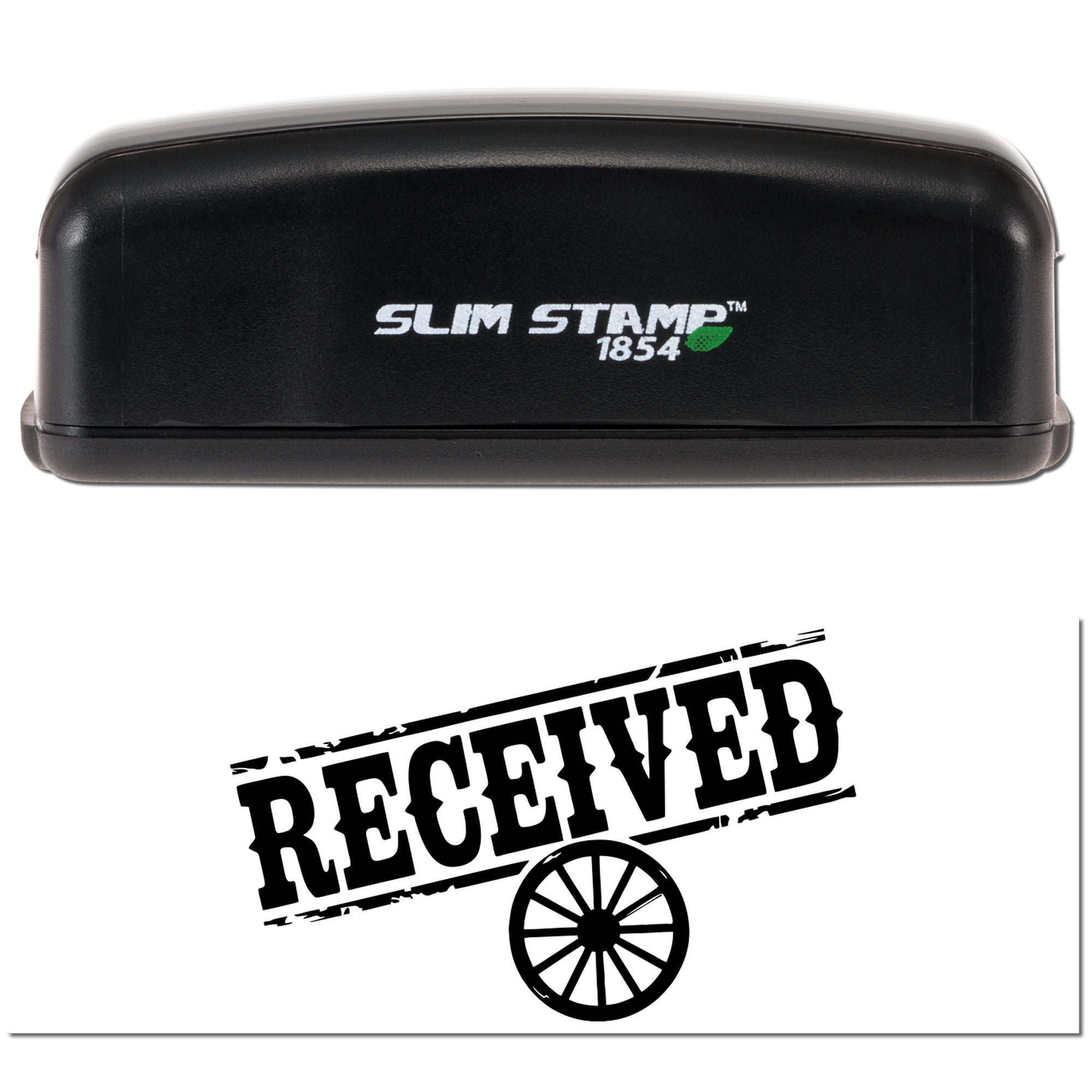 Black Slim Stamp 1854 stamp and seal product with white logo; below, a bold black RECEIVED imprint and wagon wheel graphic.