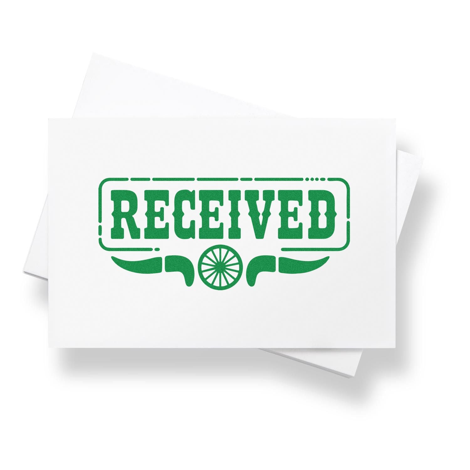Green RECEIVED stamp on white paper stack with decorative seal emblem