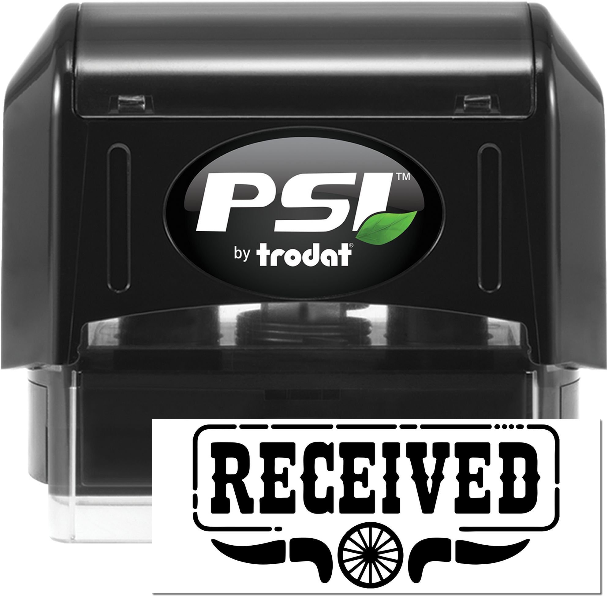 Black PSI by Trodat self-inking stamp and RECEIVED seal with bold black lettering on white background.