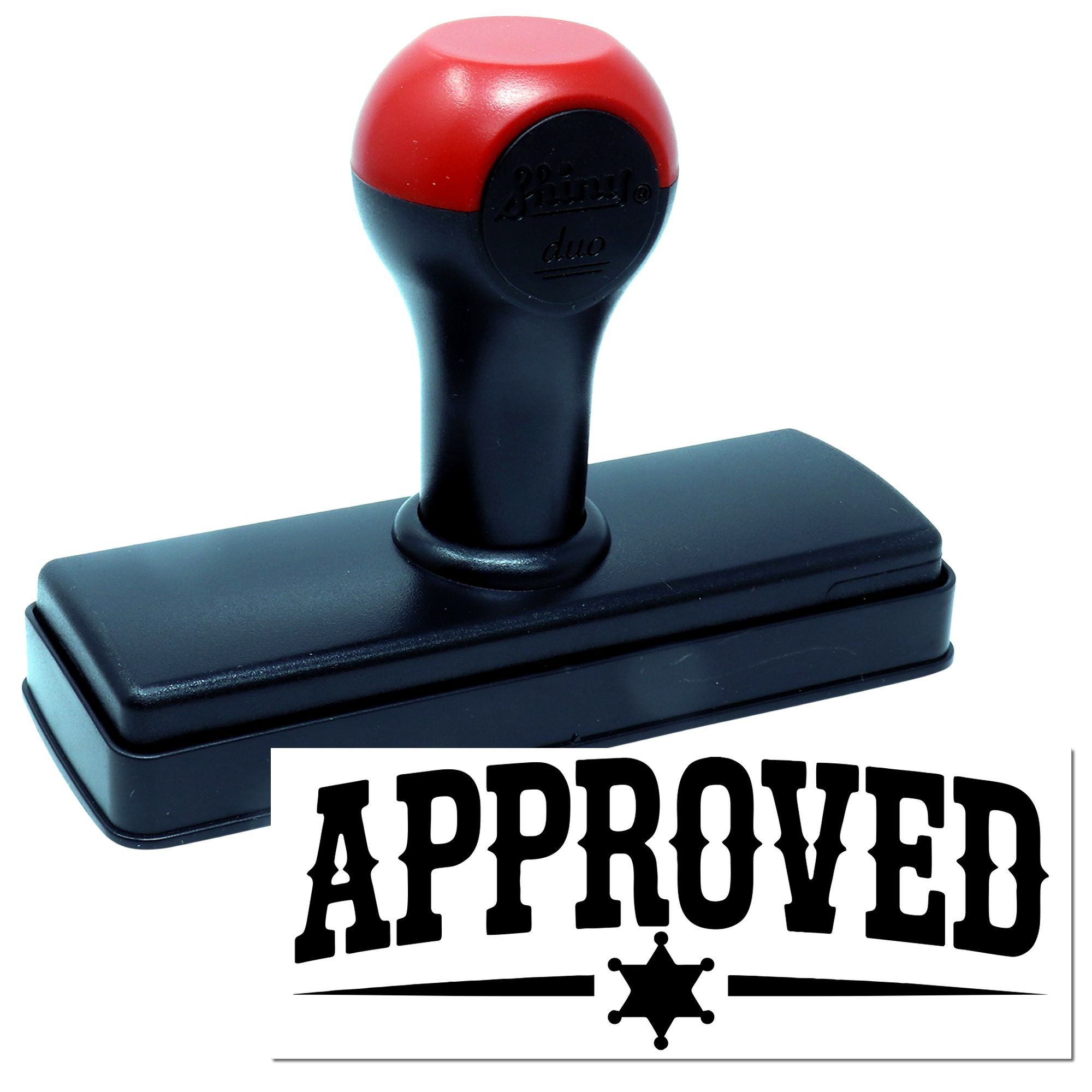 Black and red self-inking stamp and seal with rectangular base and bold APPROVED impression