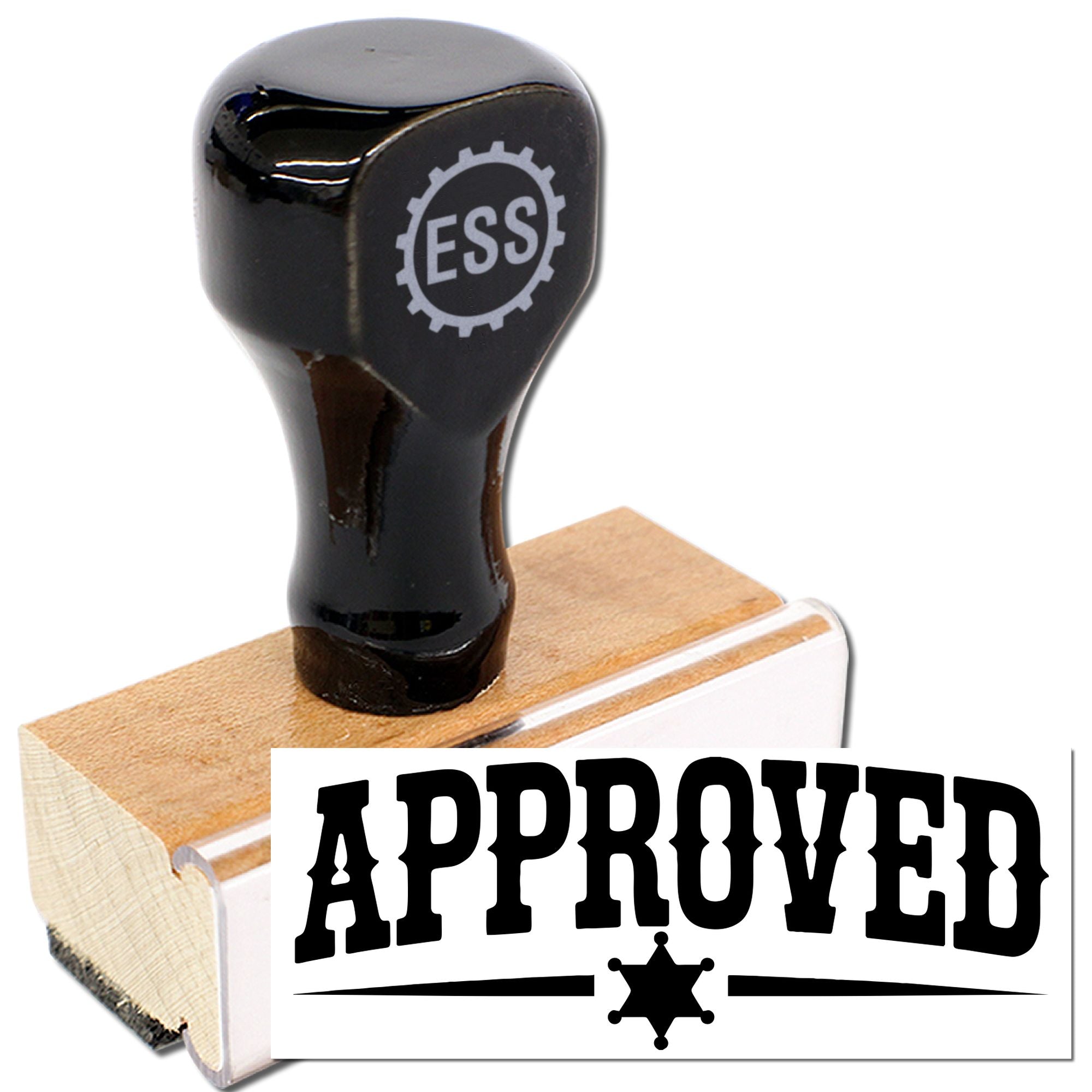 Black custom stamp with wooden base and white APPROVED seal impression, featuring ESS logo.