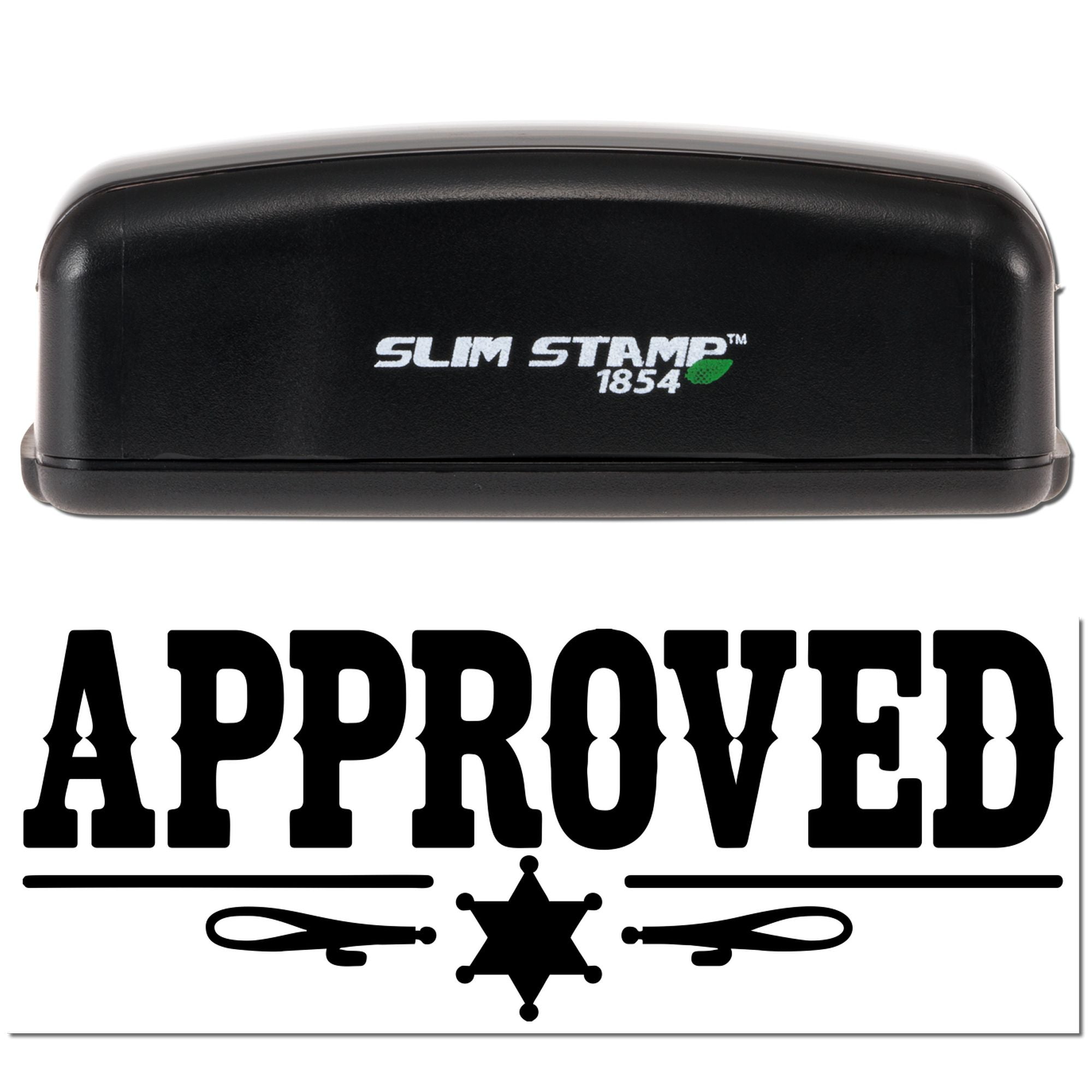 Black Slim Stamp 1854 self-inking stamp with approved seal graphic, black on white background.