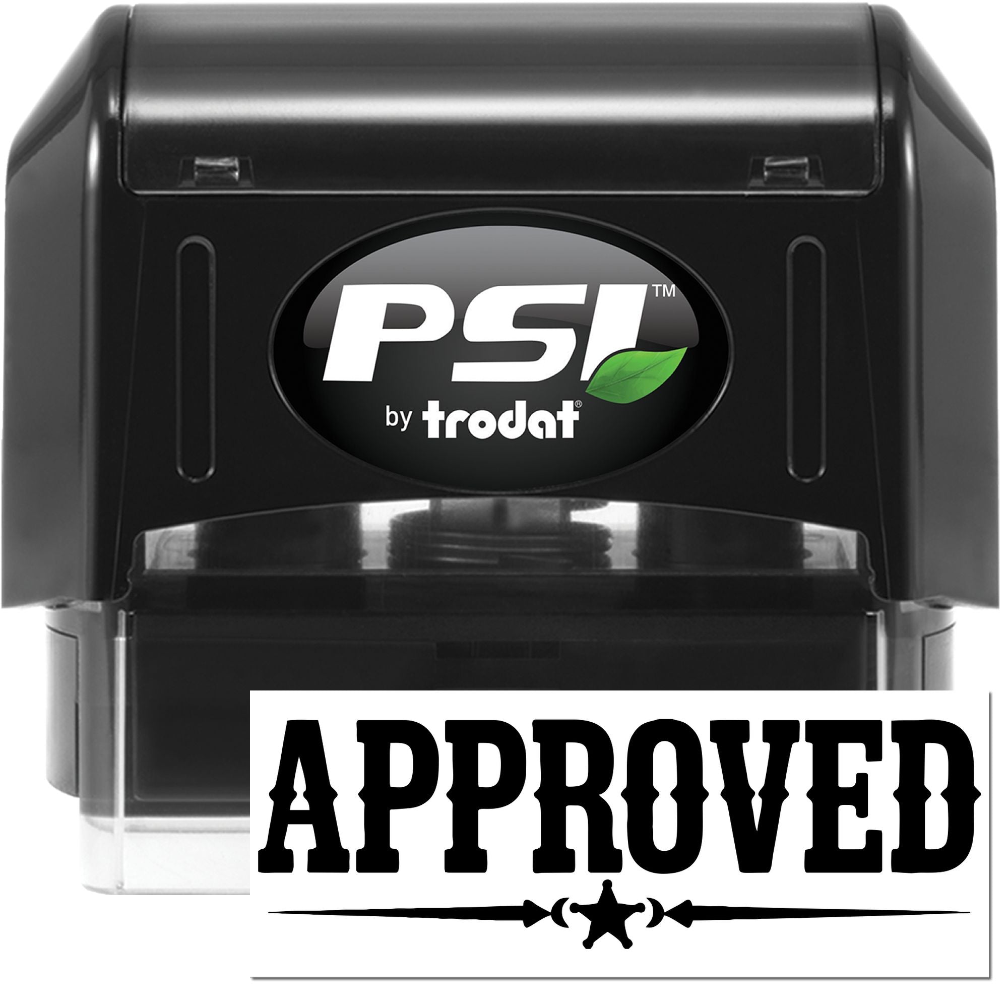 Black PSI by Trodat self-inking stamp with bold APPROVED seal on white background.