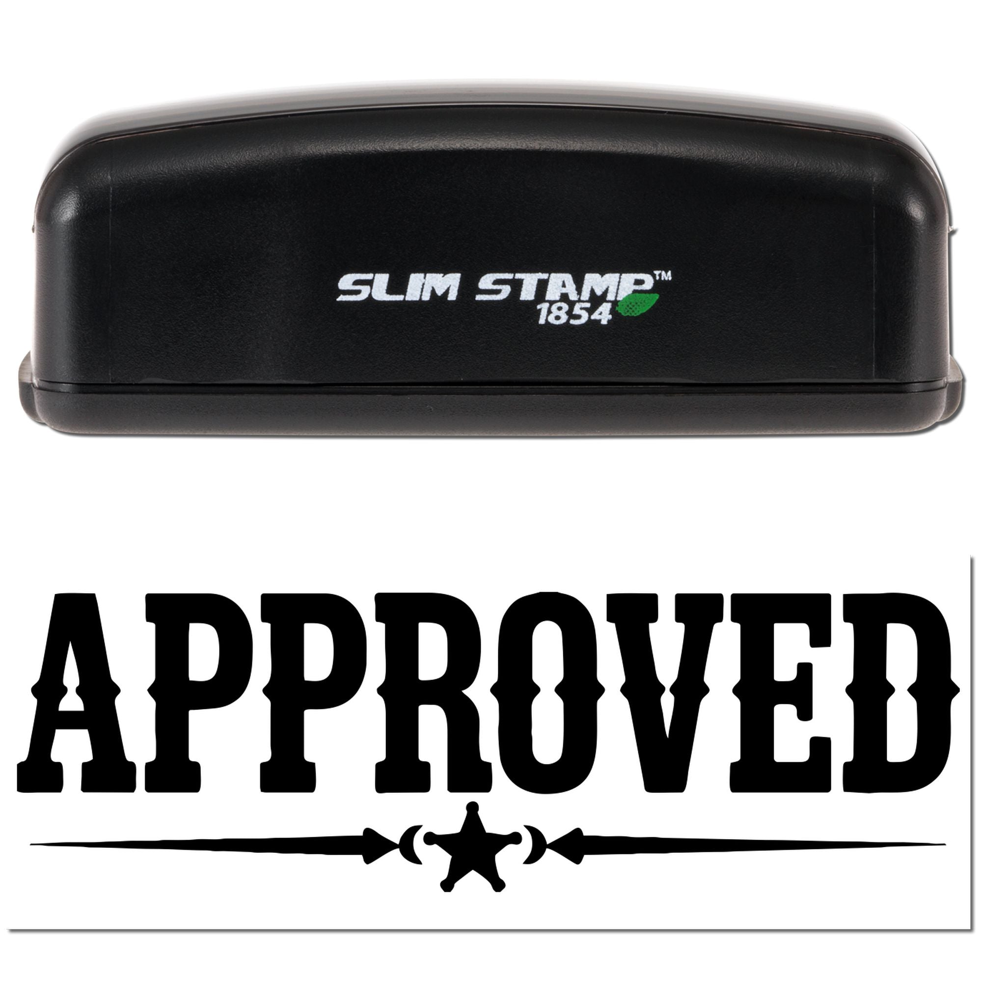 Black Slim Stamp 1854 stamp and seal product with white logo, green accent, and bold APPROVED seal.