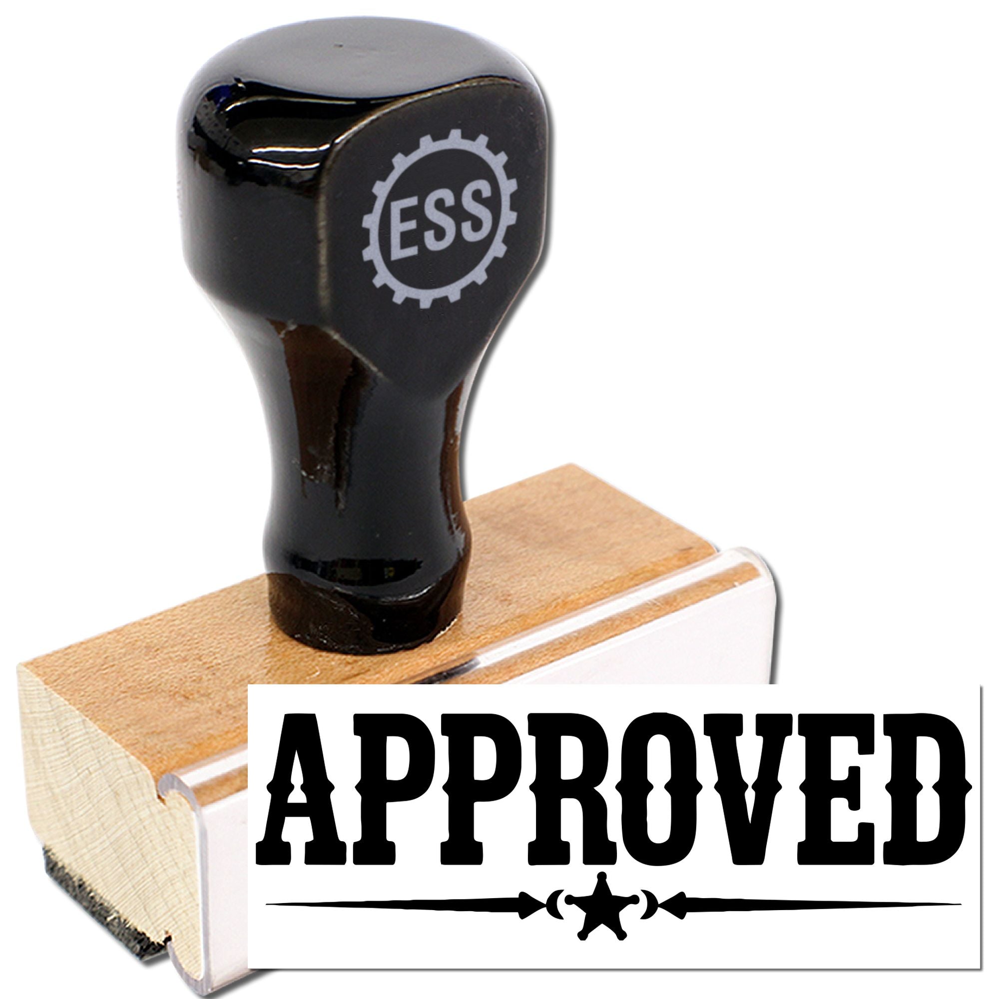 Black ESS rubber stamp on wooden block with approved seal imprint on white card.
