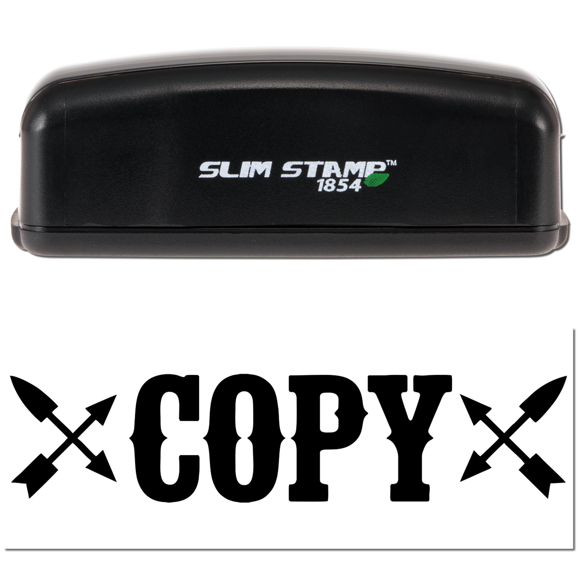 Black Slim Stamp 1854 embosser with white logo, showing a bold black COPY seal impression.