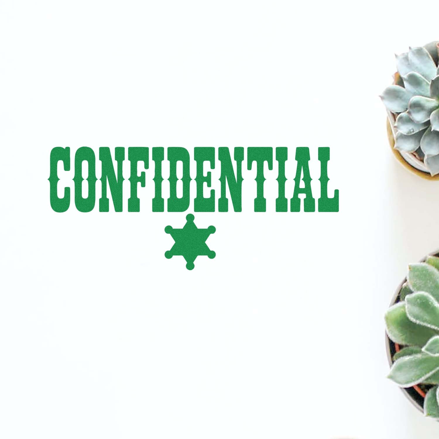Green CONFIDENTIAL stamp with star seal icon on white background, with succulents at the right edge.