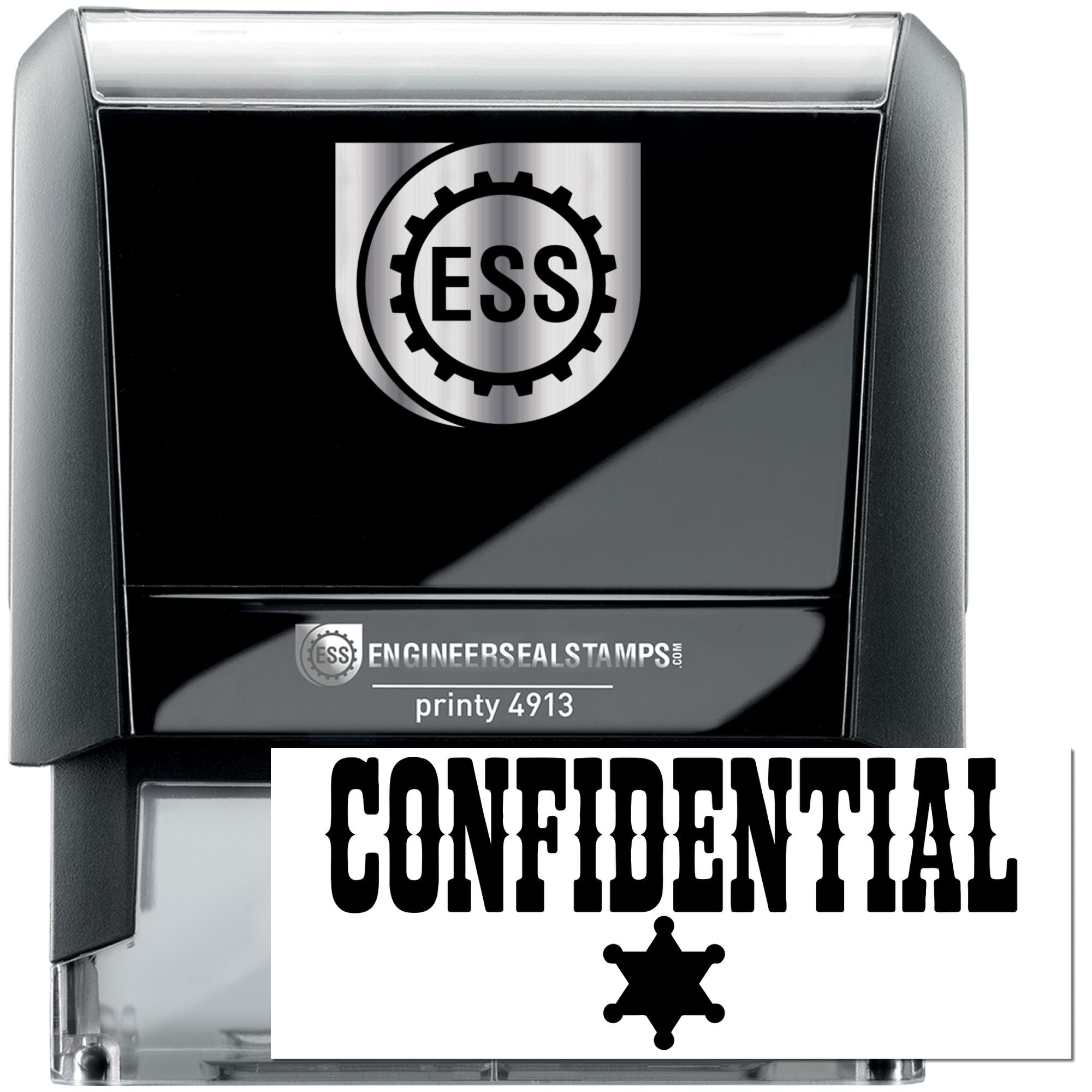 Black and silver confidential engineer seal stamp with ESS gear logo and clear handle