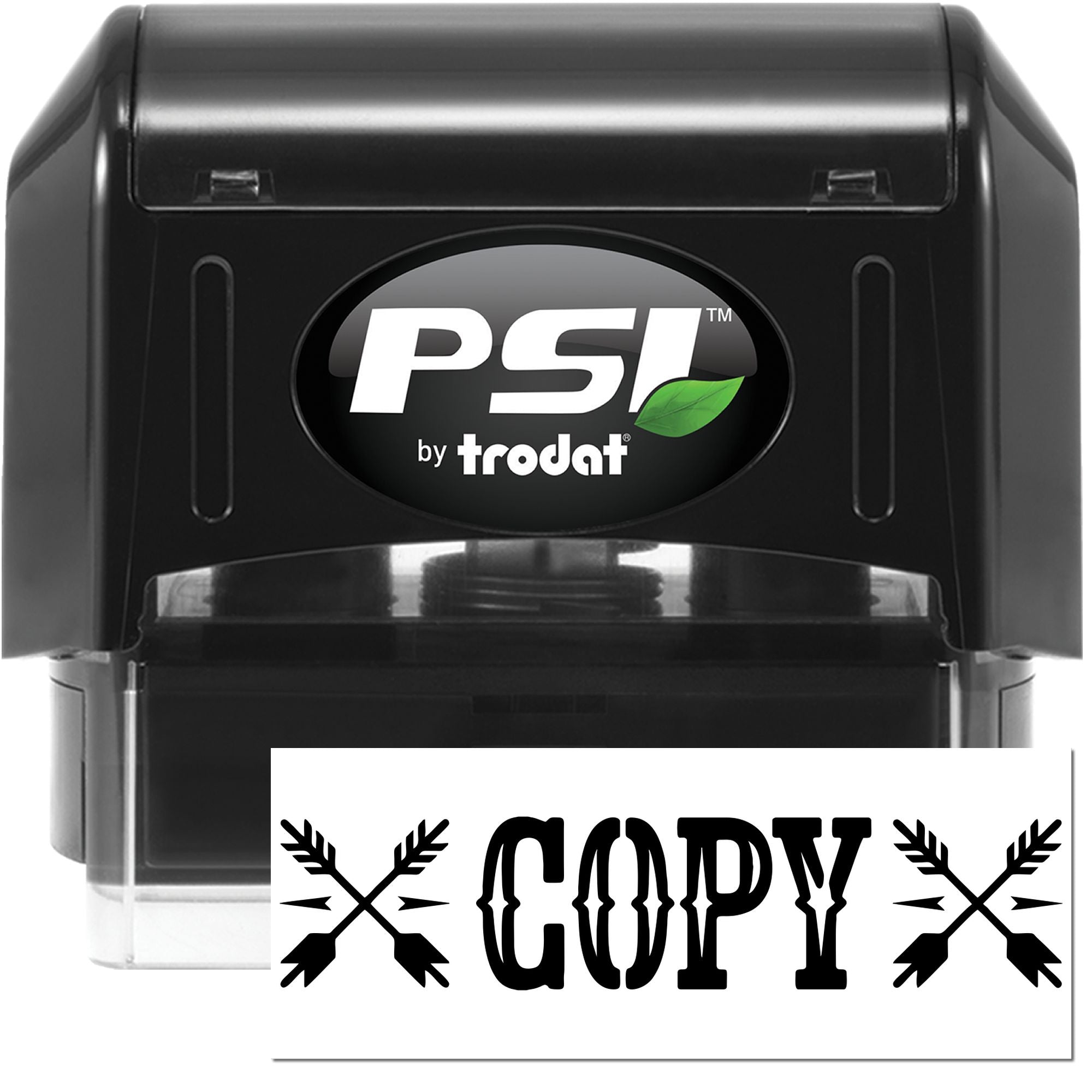Black PSI by Trodat self-inking stamp and seal with COPY imprint and leaf logo on a white background.