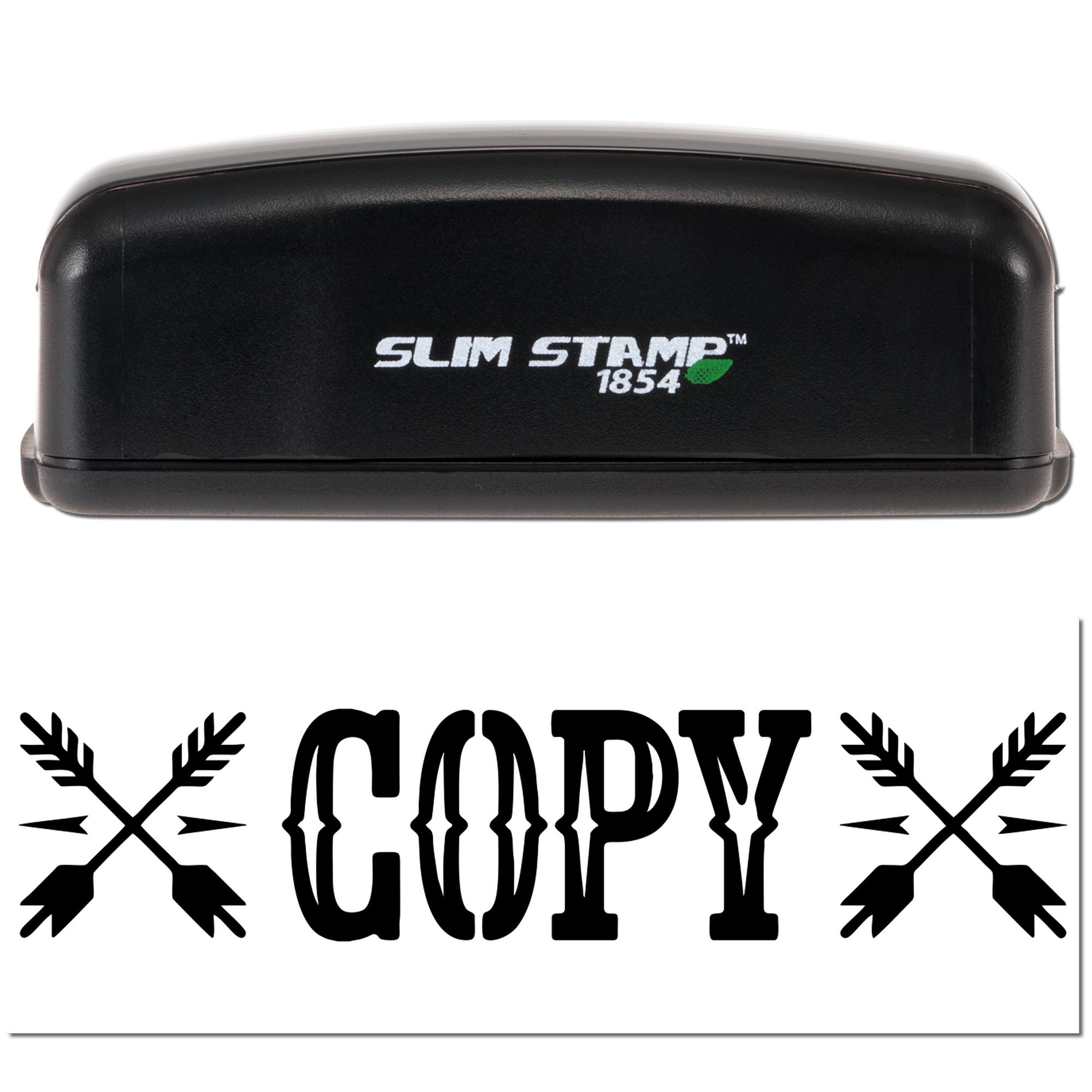 Black Slim Stamp 1854 self-inking stamp with bold COPY imprint and crossed arrow seal design on white background.