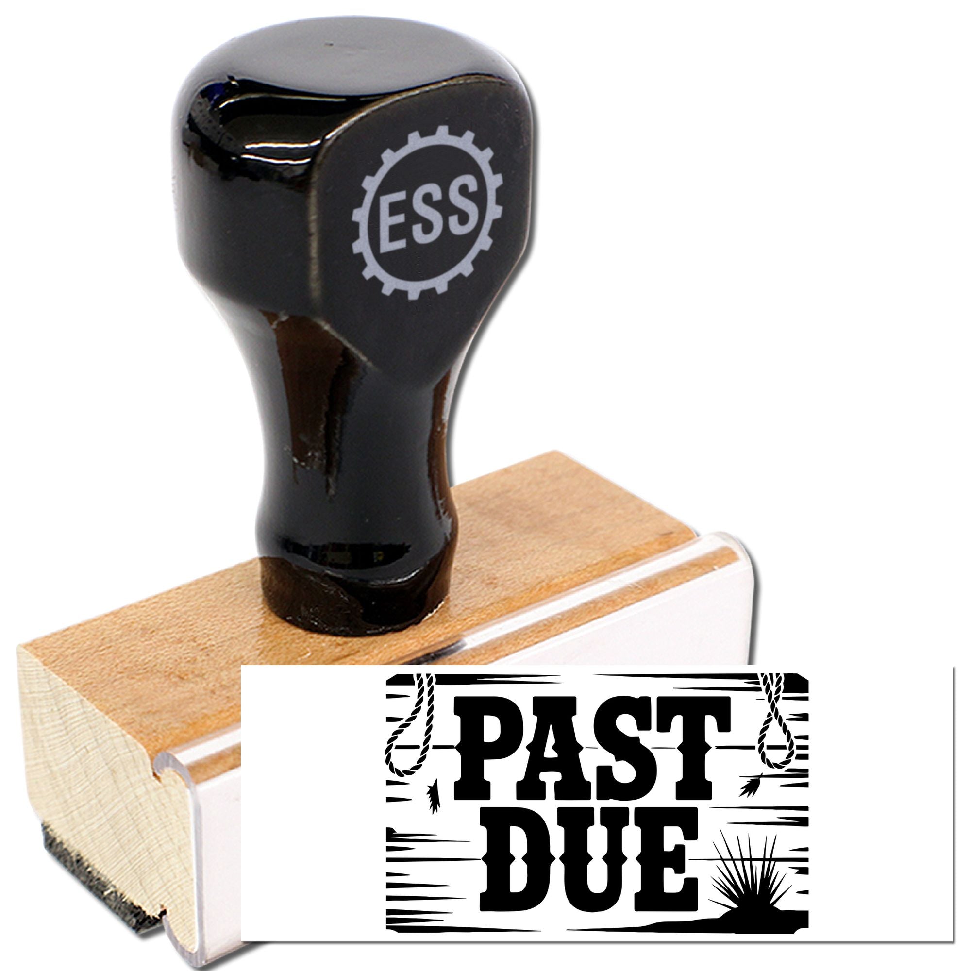Black ESS rubber stamp on a tan wooden base with bold PAST DUE seal impression