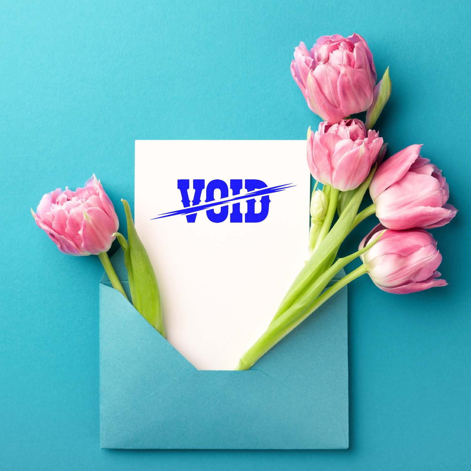Blue VOID stamp seal on white card in a teal envelope, framed by pink tulips on a turquoise background.