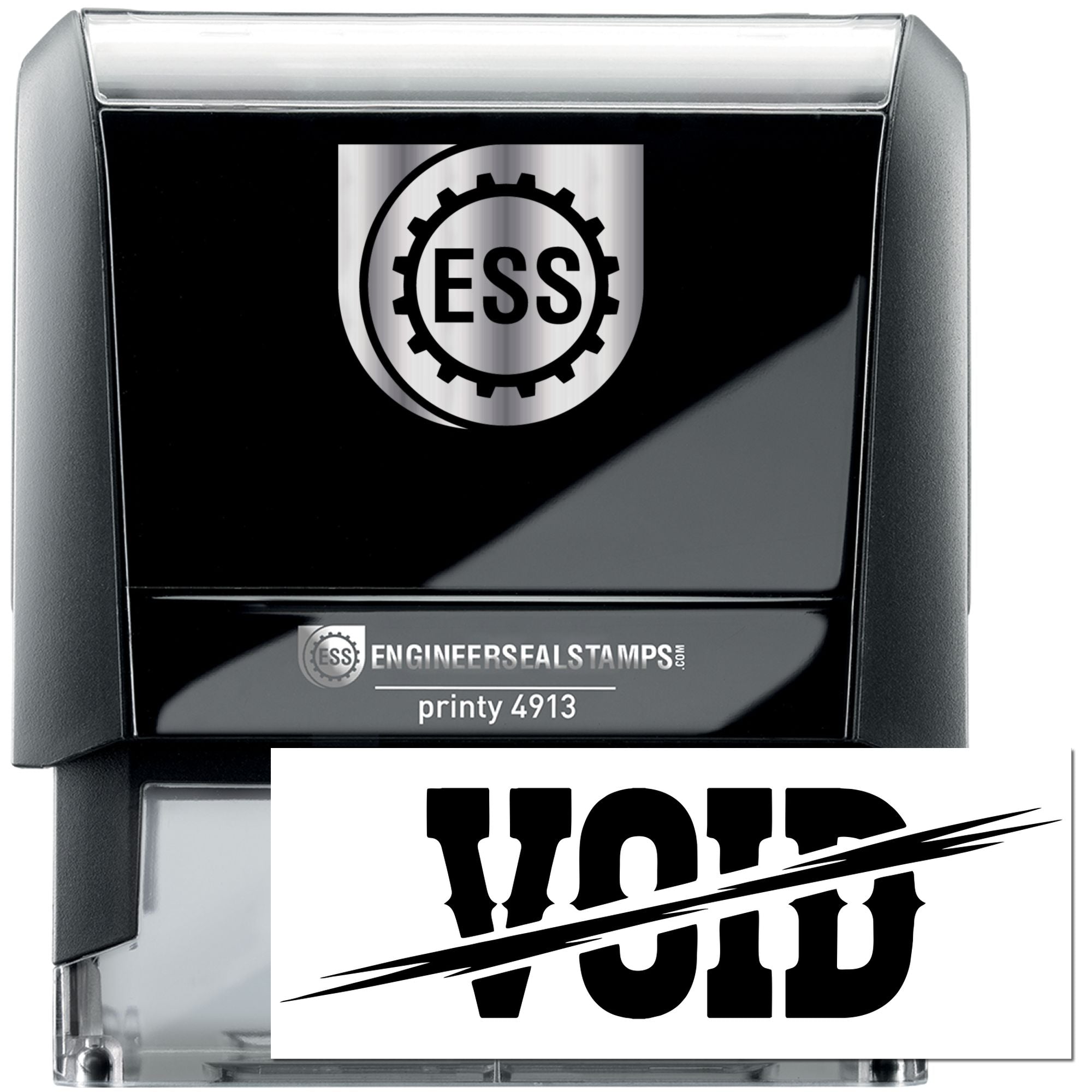 Black self-inking ESS stamp and void seal with silver top, gear logo, and clear case.