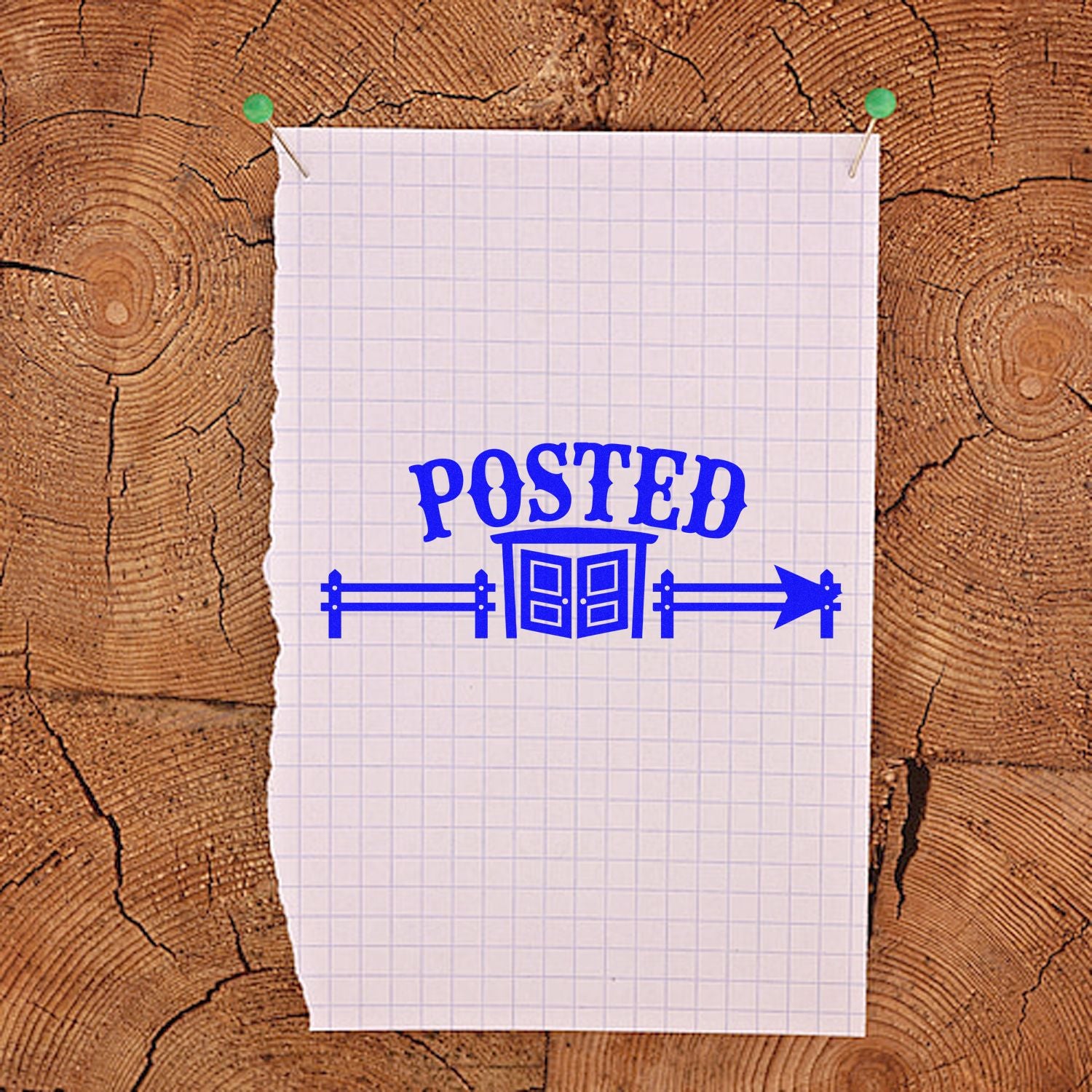 Blue POSTER seal stamp with door and arrow on pinned grid paper over a rustic wood background