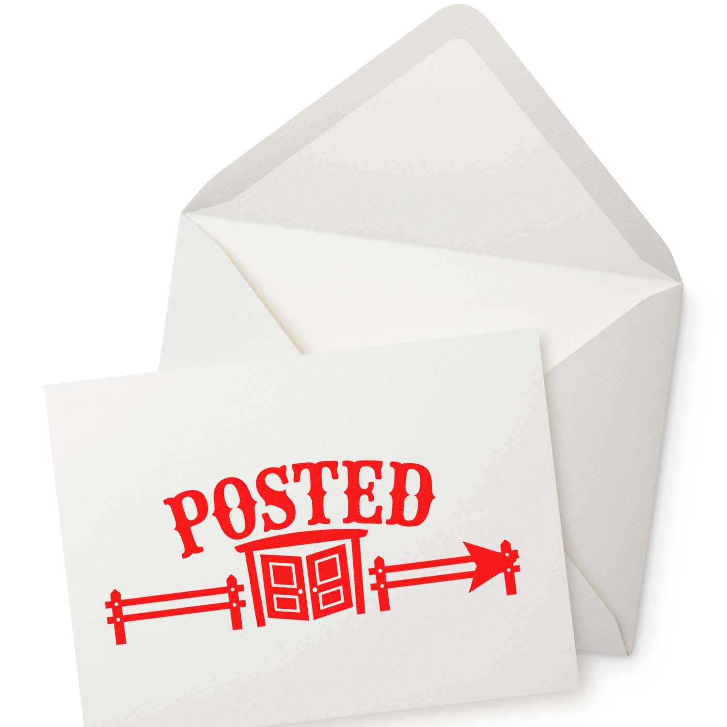 White envelope and matching card with red POSTED stamp seal, mailbox graphic, and fence design on white background
