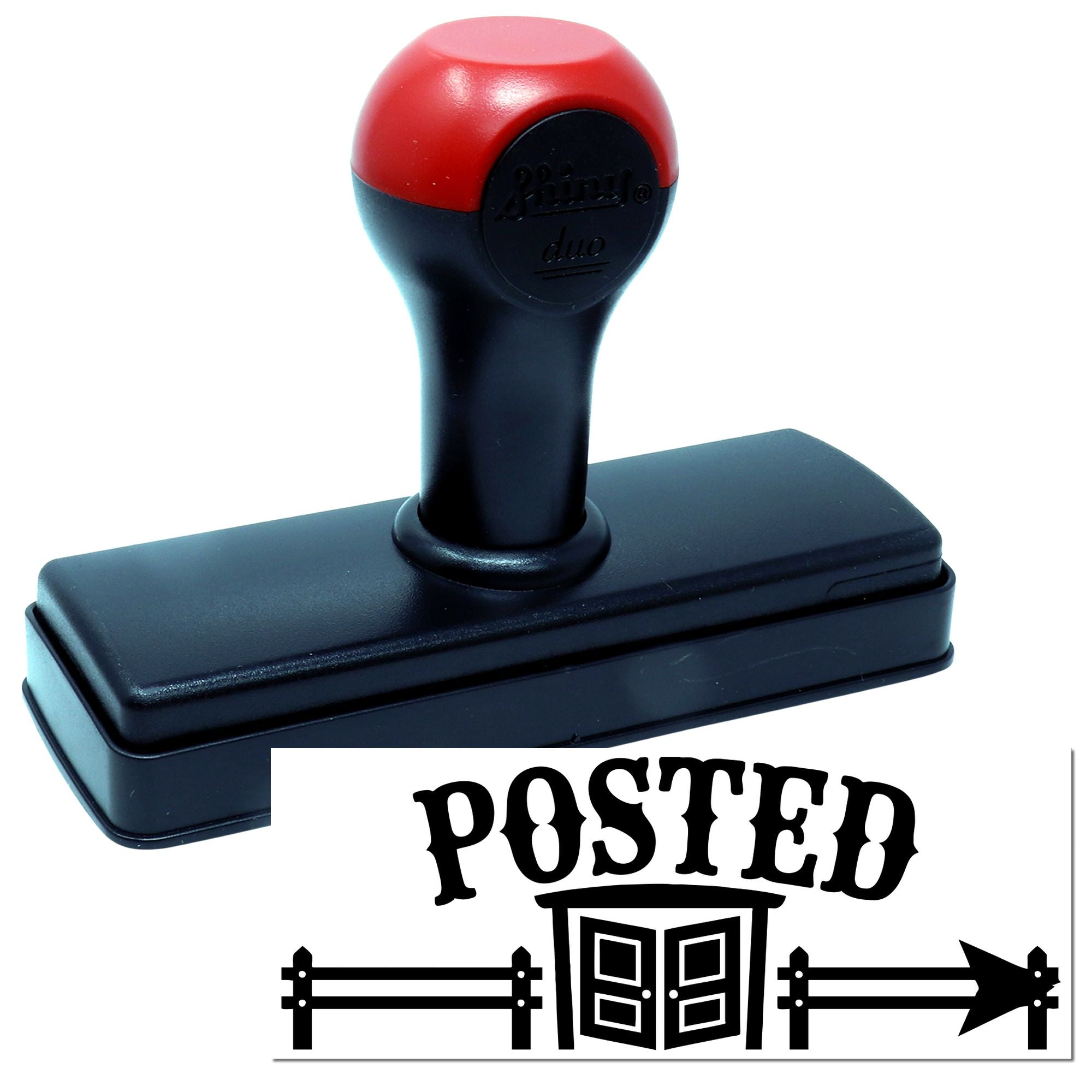 Red-and-black self-inking stamp and seal with rectangular base and POSTED design.