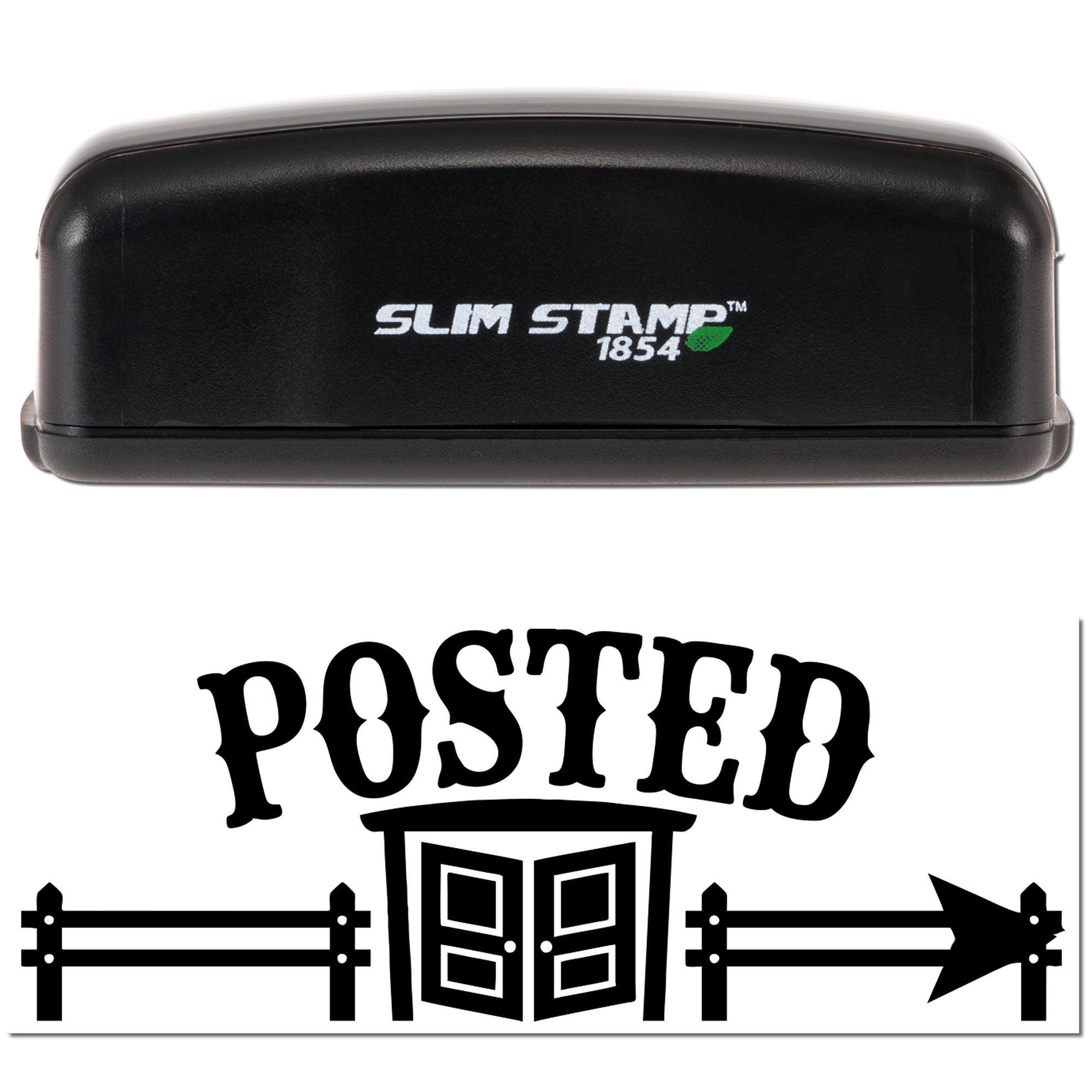 Black Slim Stamp 1854 stamp and seal set with green leaf logo, creating a bold black POSTED western fence graphic.