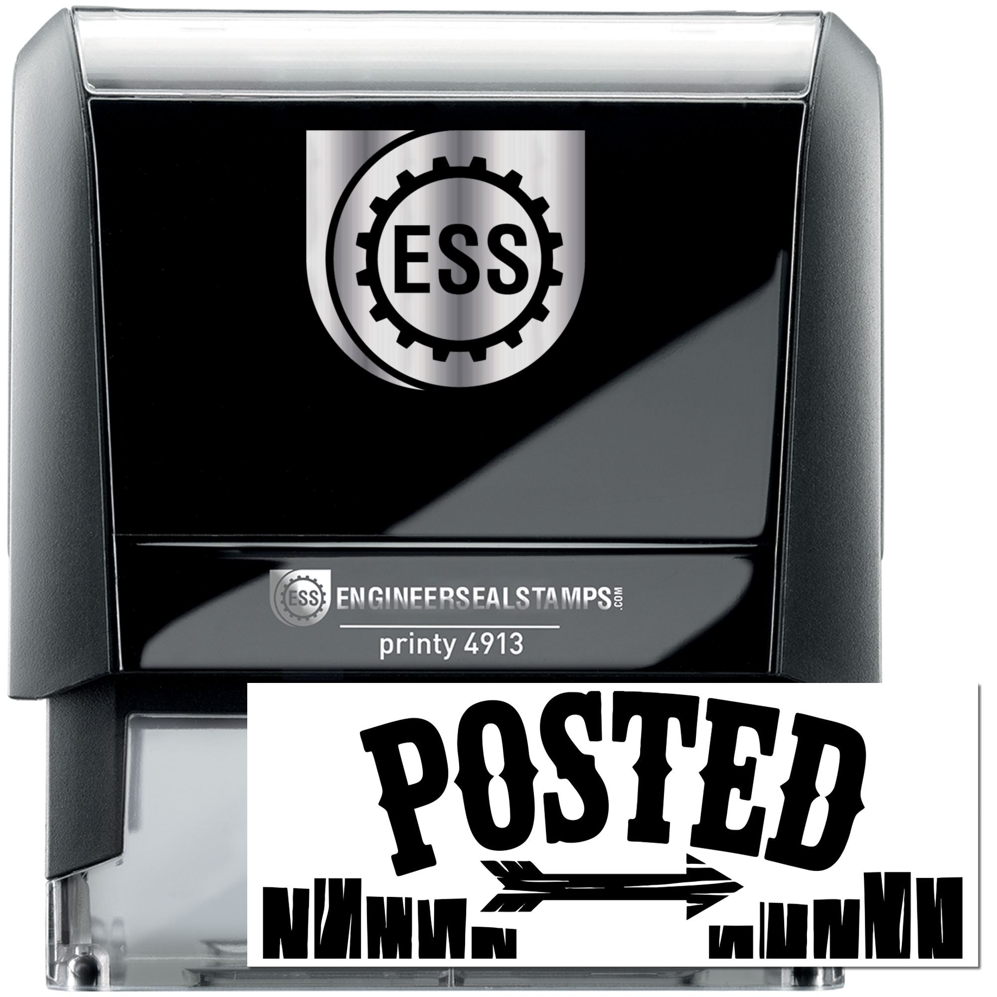 Black self-inking engineer seal stamp with silver ESS logo and bold POSTED imprint sample.
