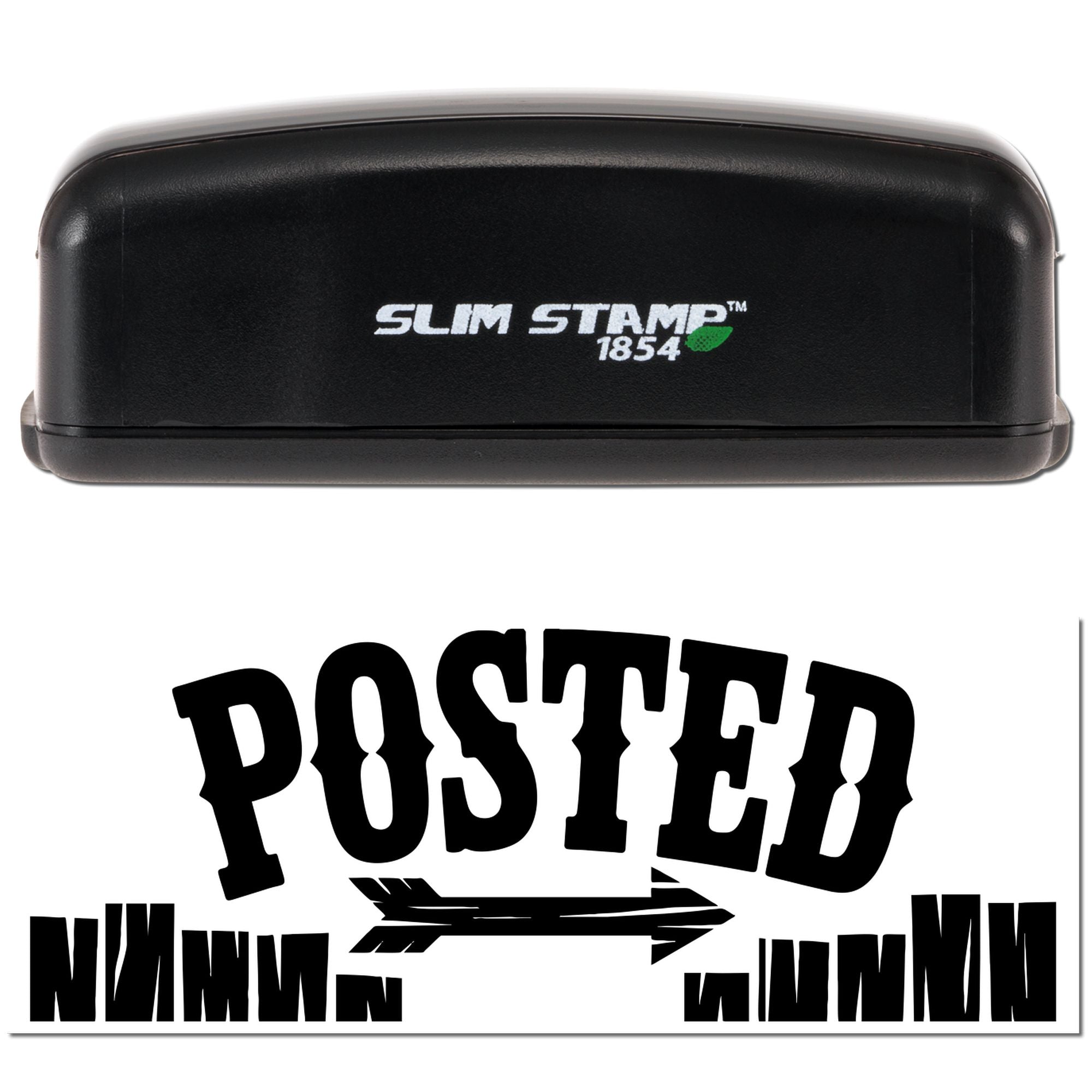 Black Slim Stamp 1854 self-inking stamp with bold POSTED seal and arrow on a white background.