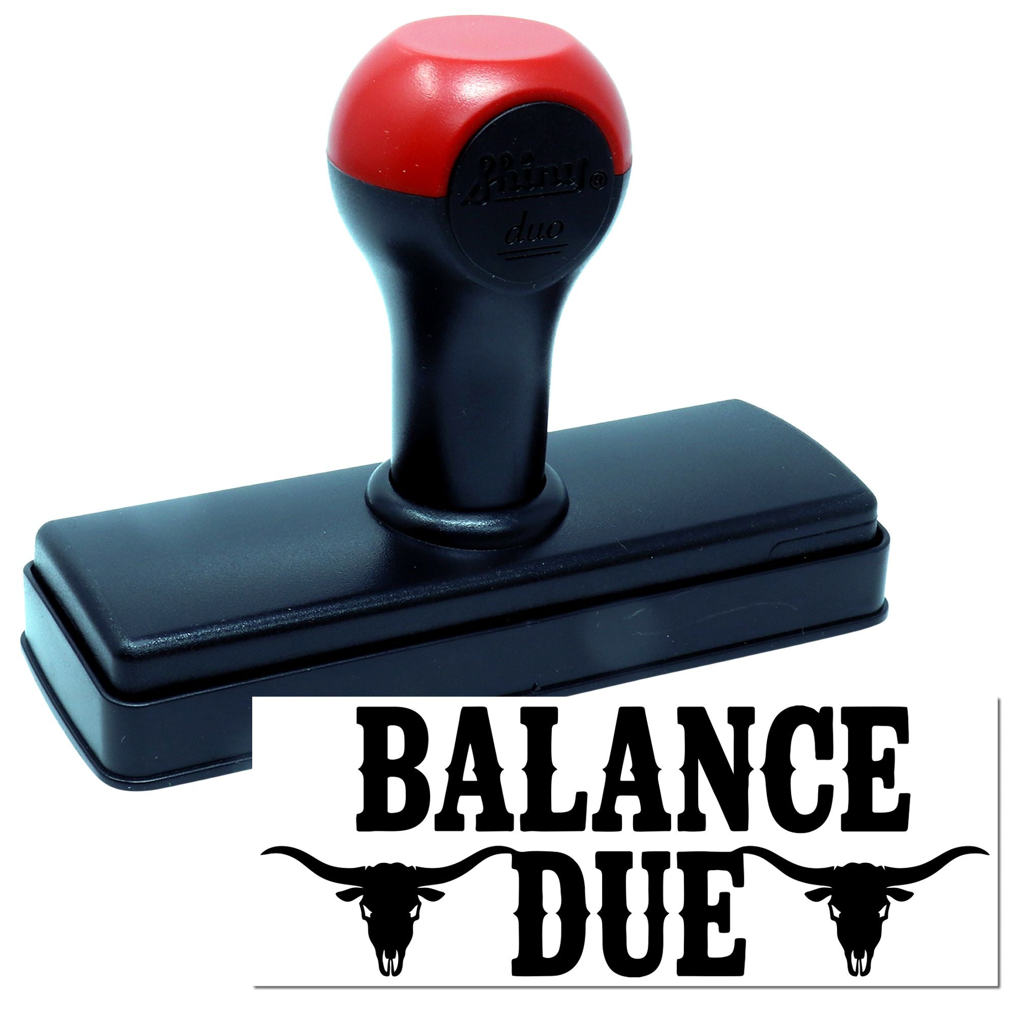 Red-and-black self-inking stamp and seal with Balance Due text and bull skull accents.