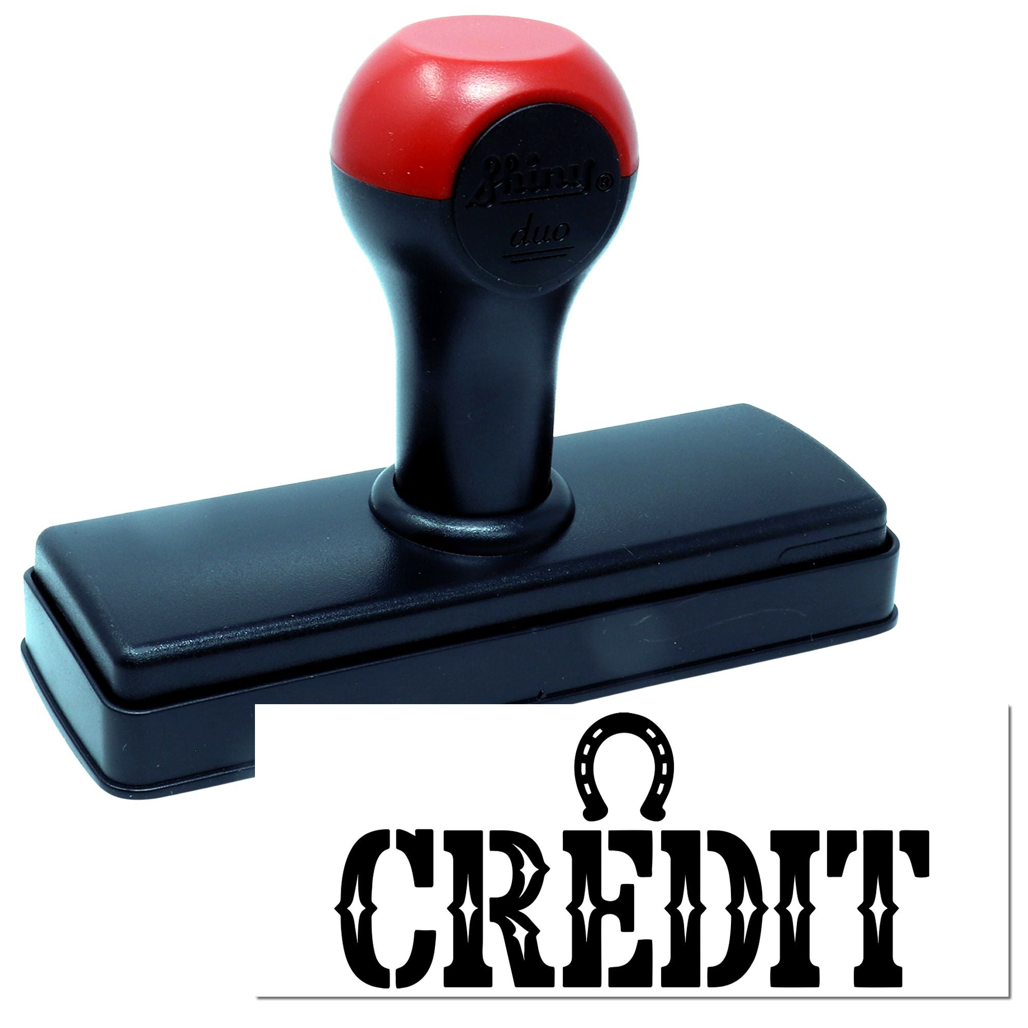 Black self-inking stamp with red handle and custom seal imprint logo on white background.