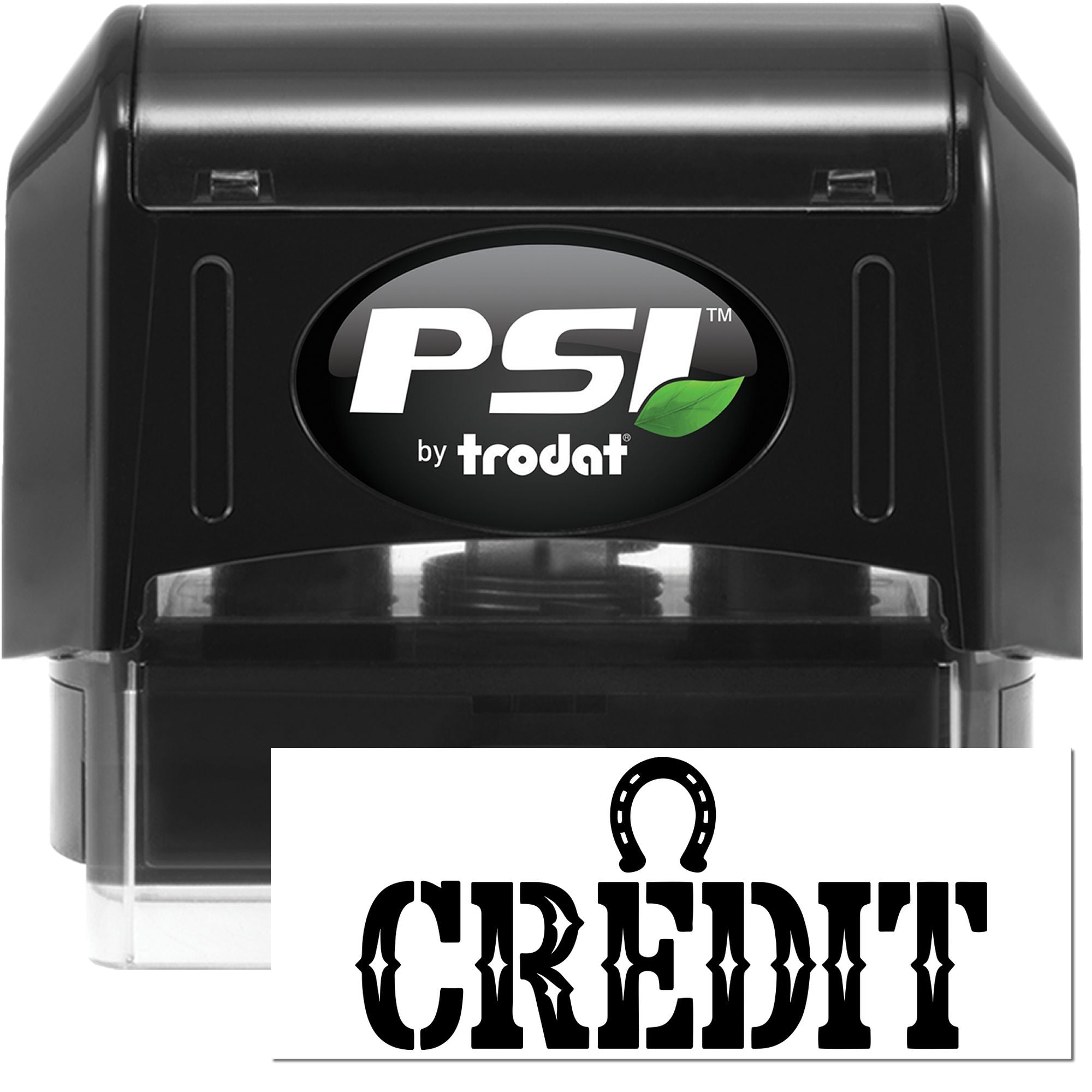 Black PSI by Trodat self-inking stamp with white CREDIT seal, black casing, and green leaf logo.