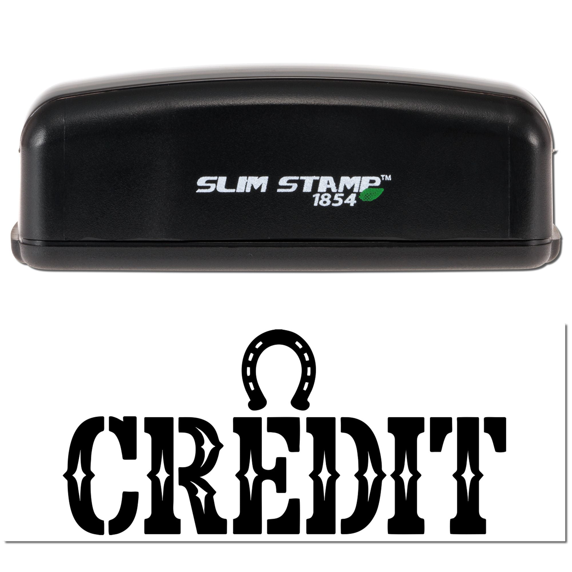 Black Slim Stamp 1854 self-inking stamp and seal with CREDIT logo and horseshoe icon
