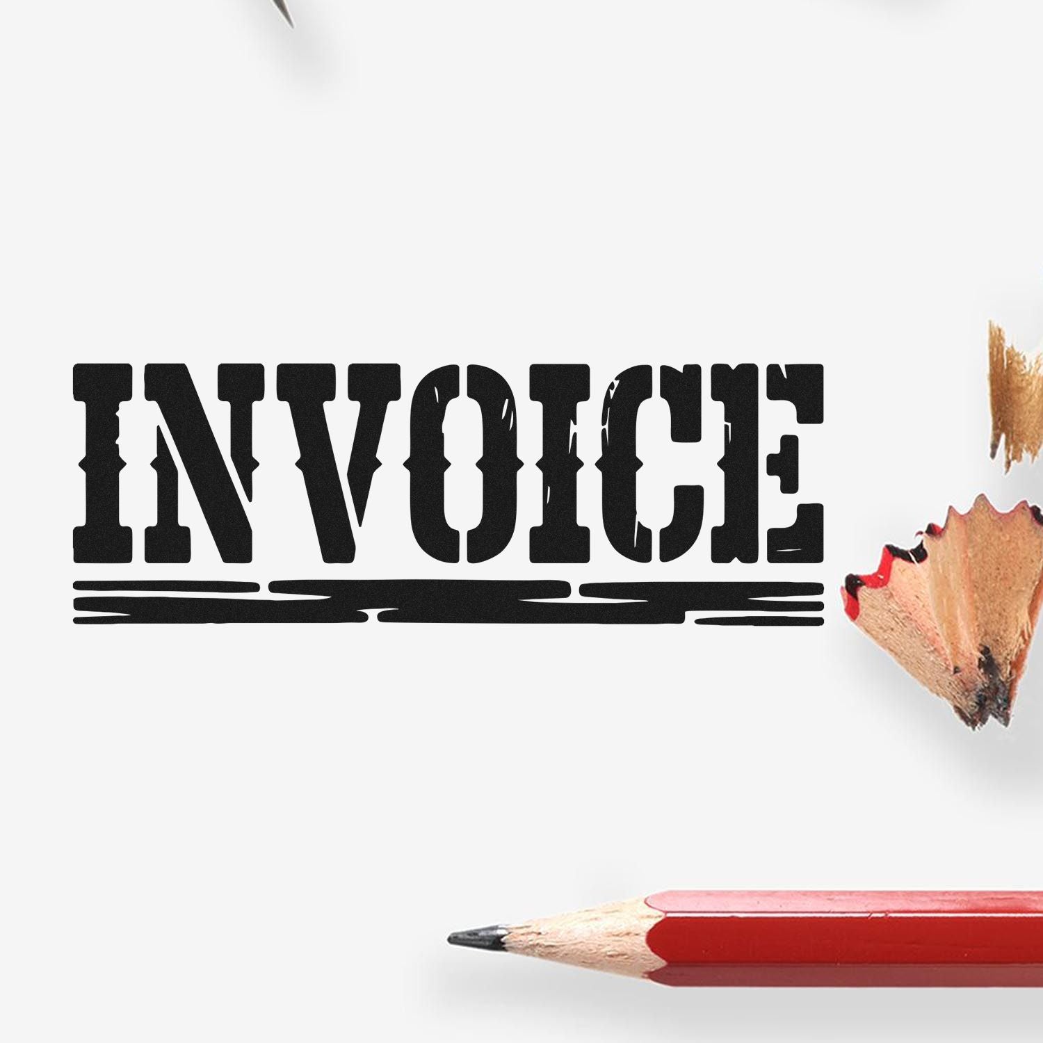 Black INVOICE stamp and seal graphic with pencil shavings and a red pencil on a white background.