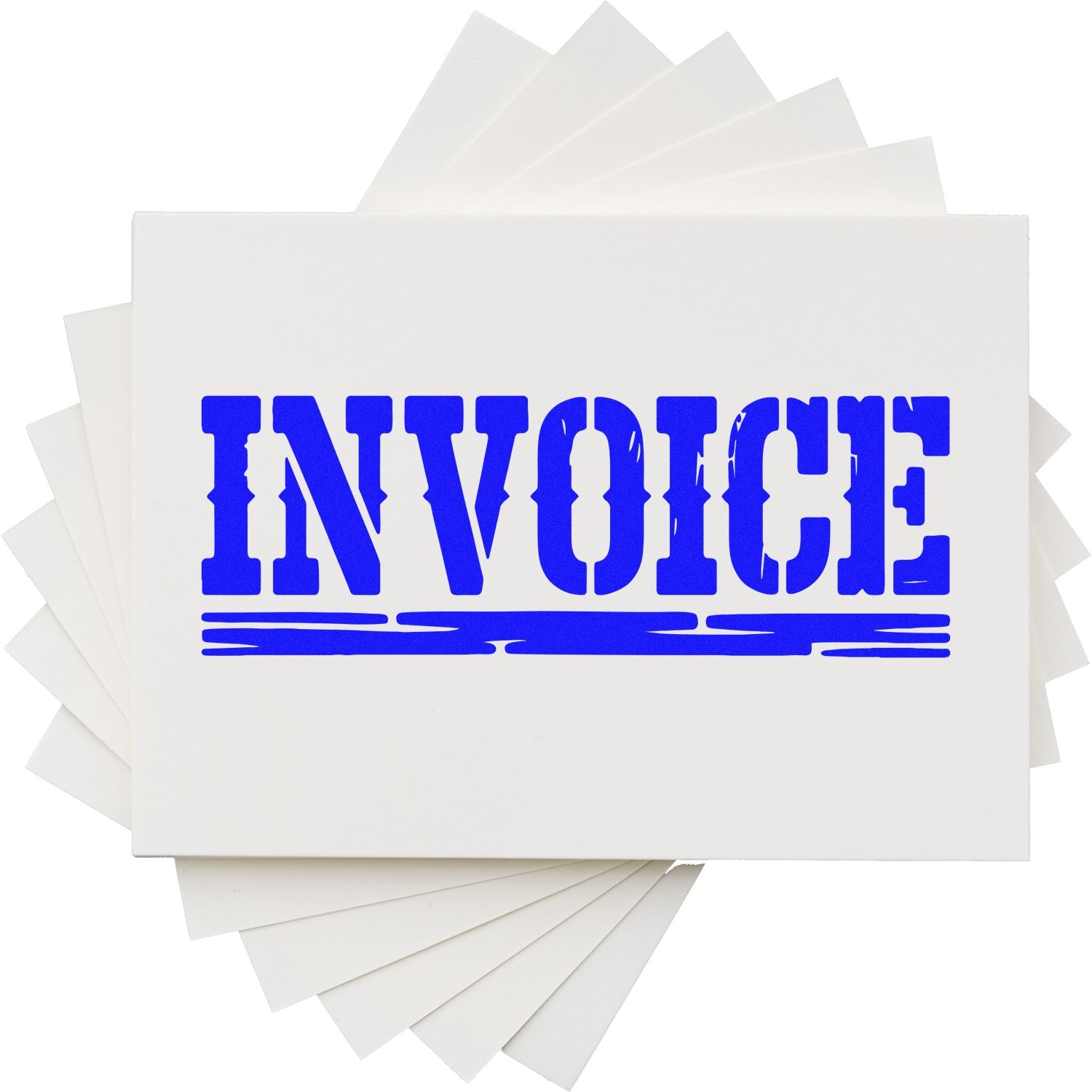 Blue INVOICE stamp on white seal paper sheets, stacked fanned out for business document marking.