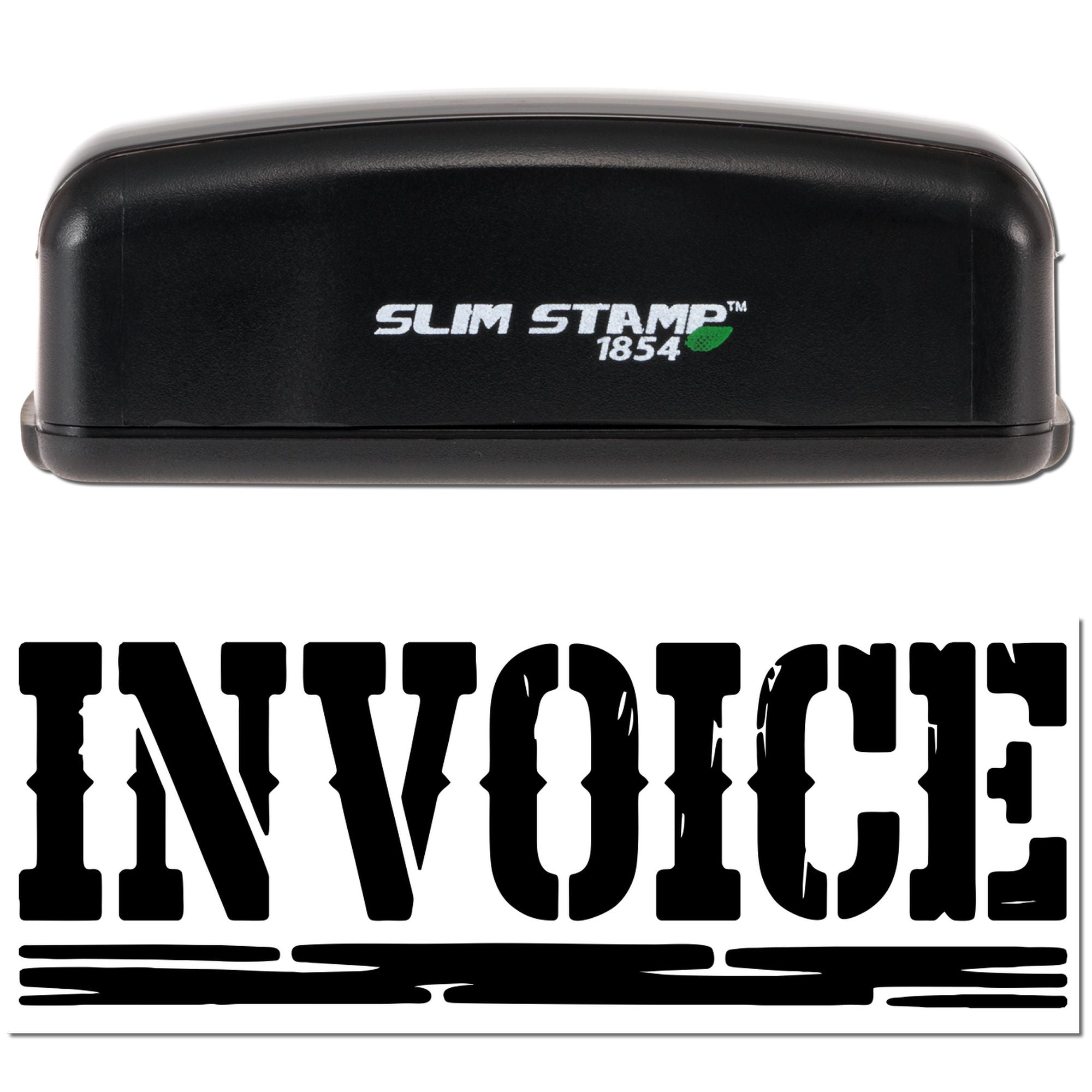 Black Slim Stamp 1854 self-inking stamp with bold INVOICE seal imprint on white background.