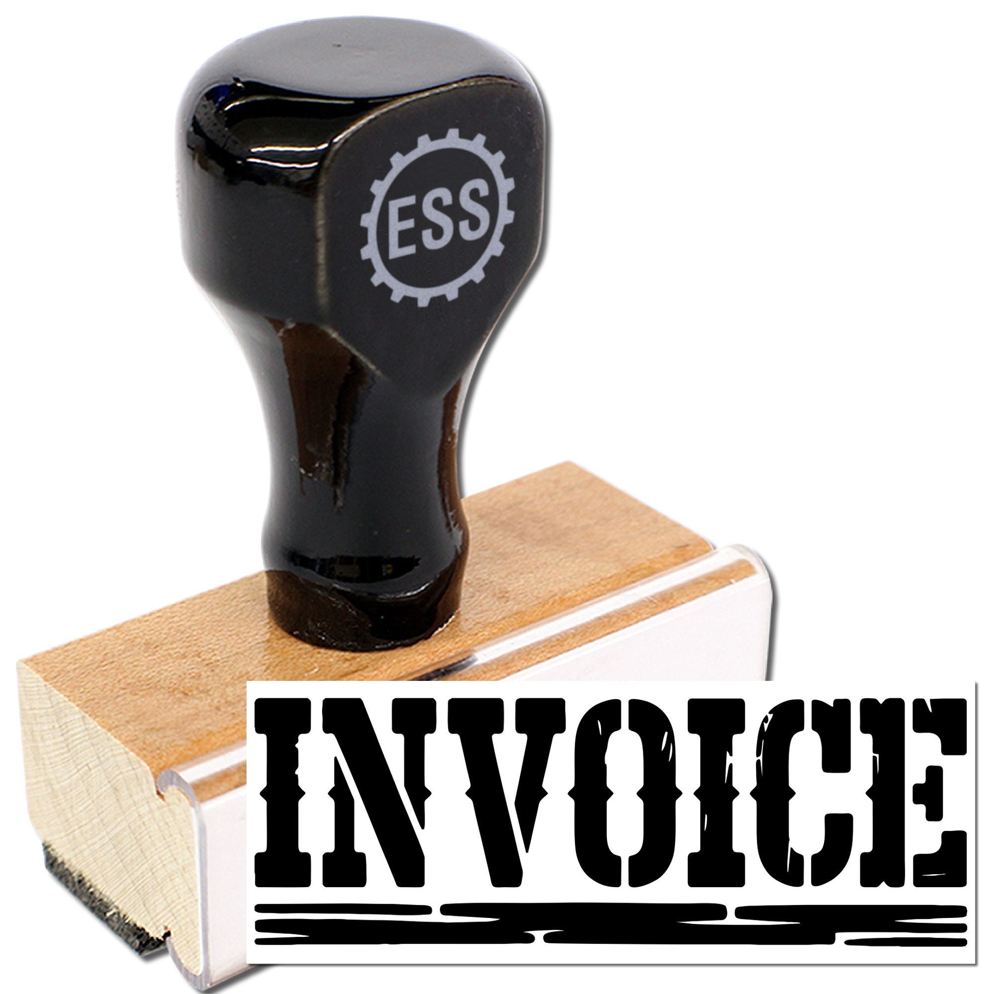 Black custom invoice stamp and seal with wooden base, glossy black handle, and bold INVOICE imprint.