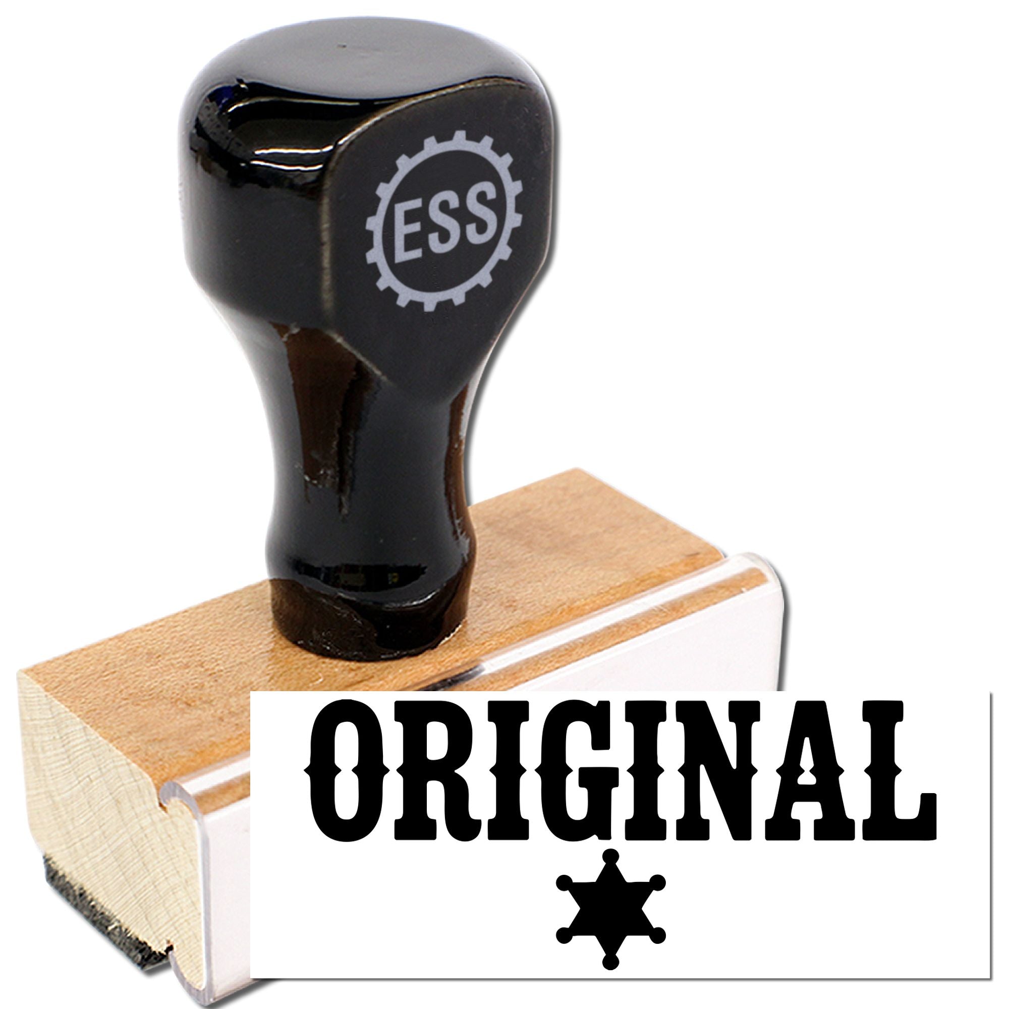 Black rubber stamp with gear logo and ESS on wooden handle, stamping ORIGINAL in bold black with star seal.