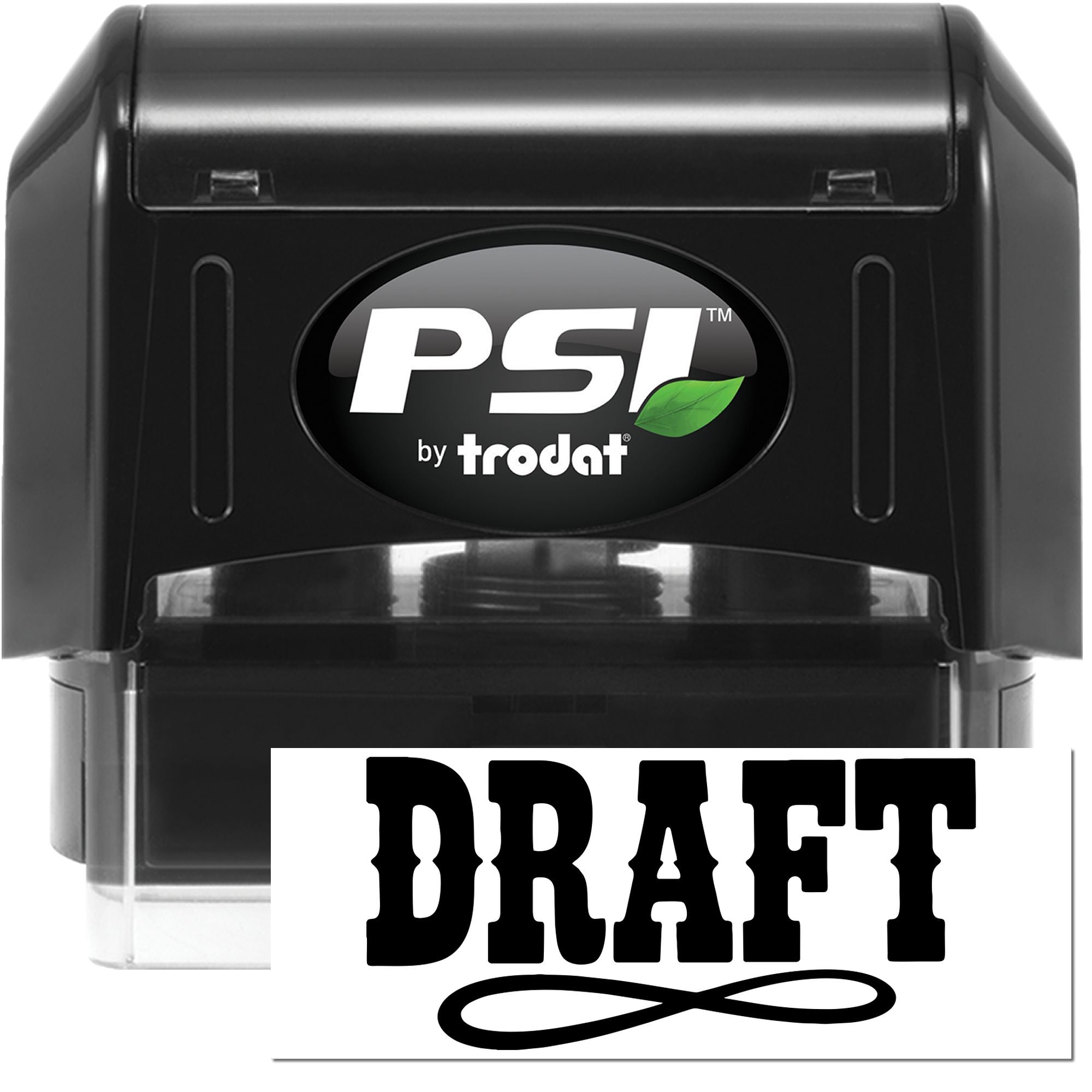 Black PSI by Trodat self-inking stamp with DRAFT seal insert, white text and green leaf logo