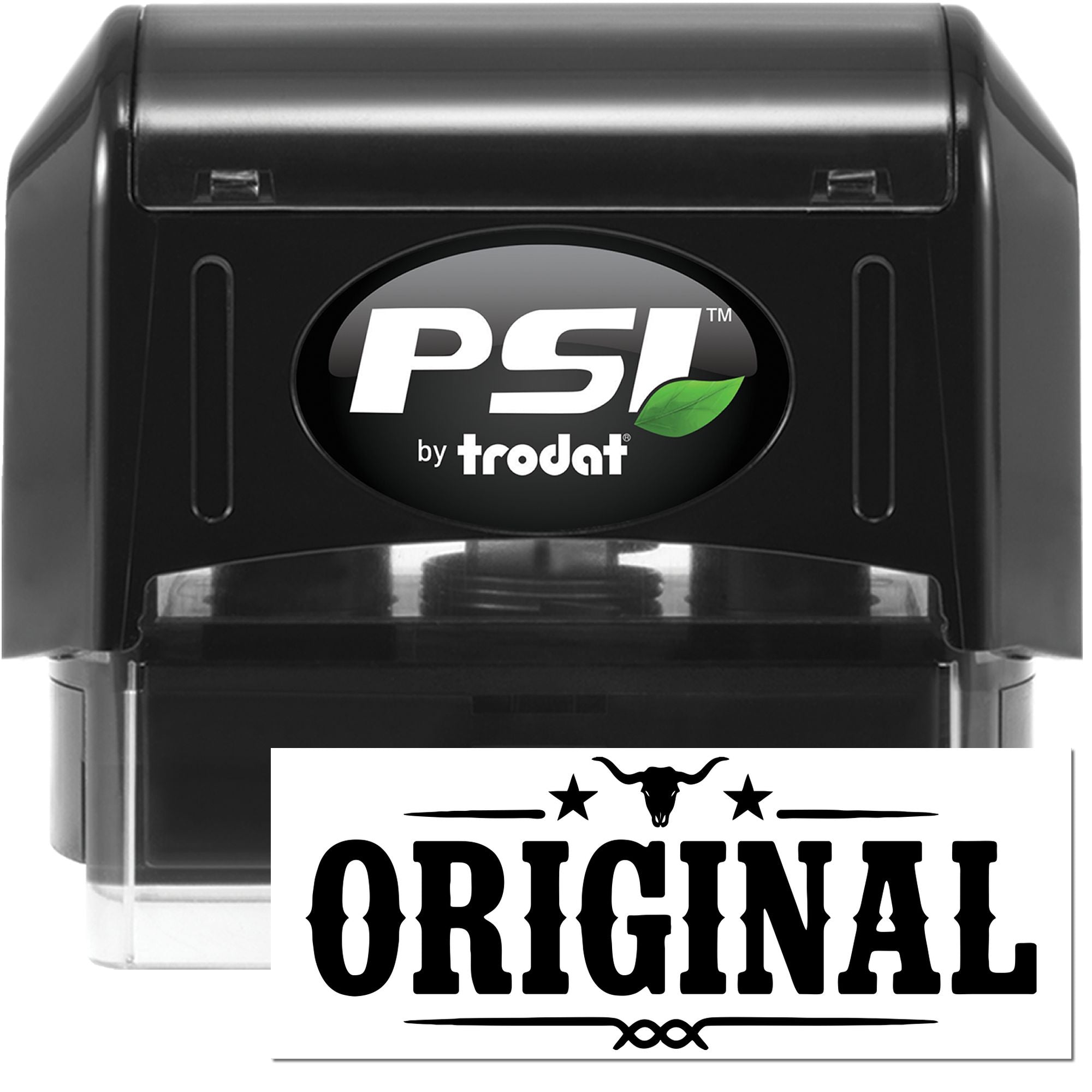 Black PSI by Trodat self-inking stamp with ORIGINAL seal imprint and green leaf logo.