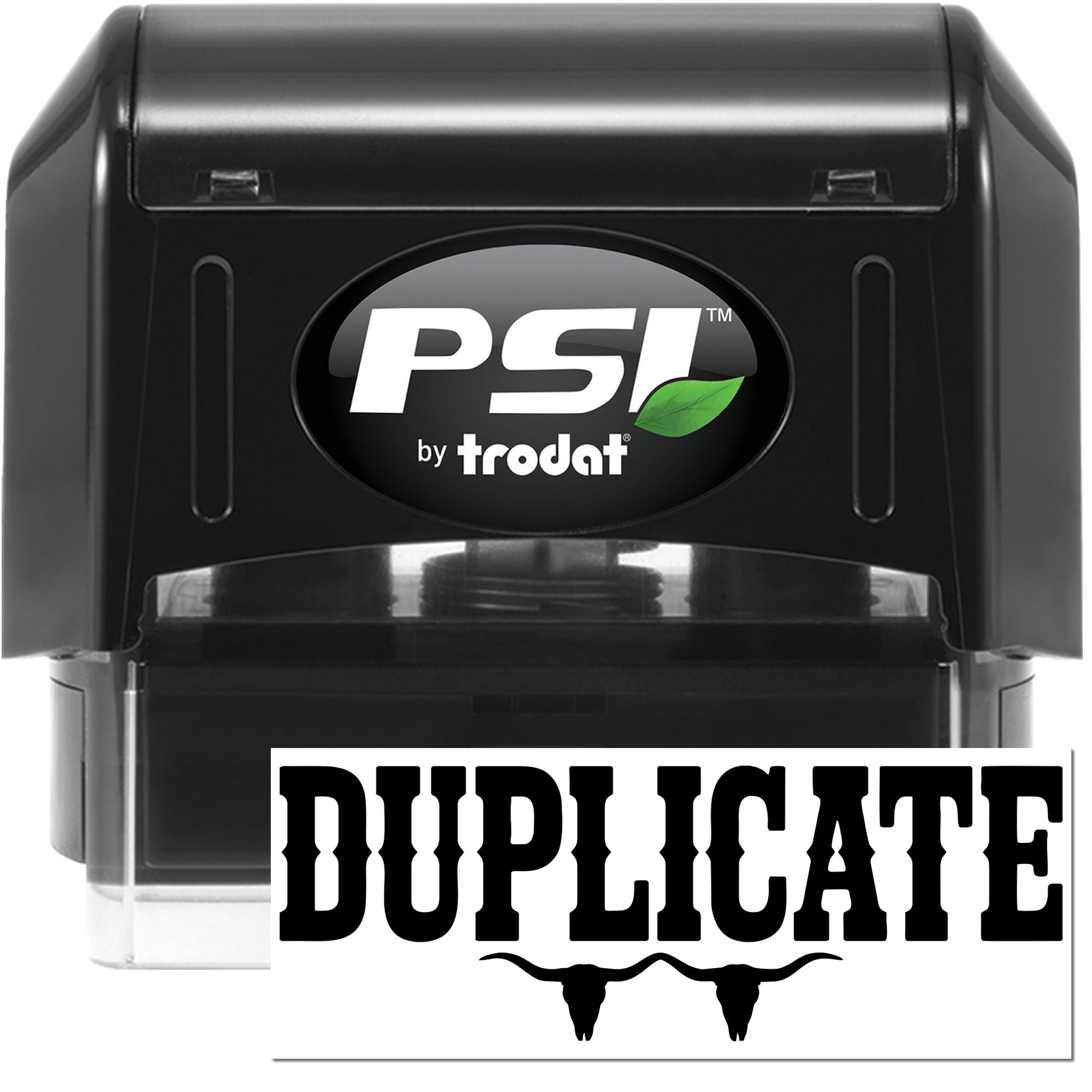 Black PSI by Trodat self-inking duplicate stamp and seal with white logo and bold DUPLICATE imprint on white.