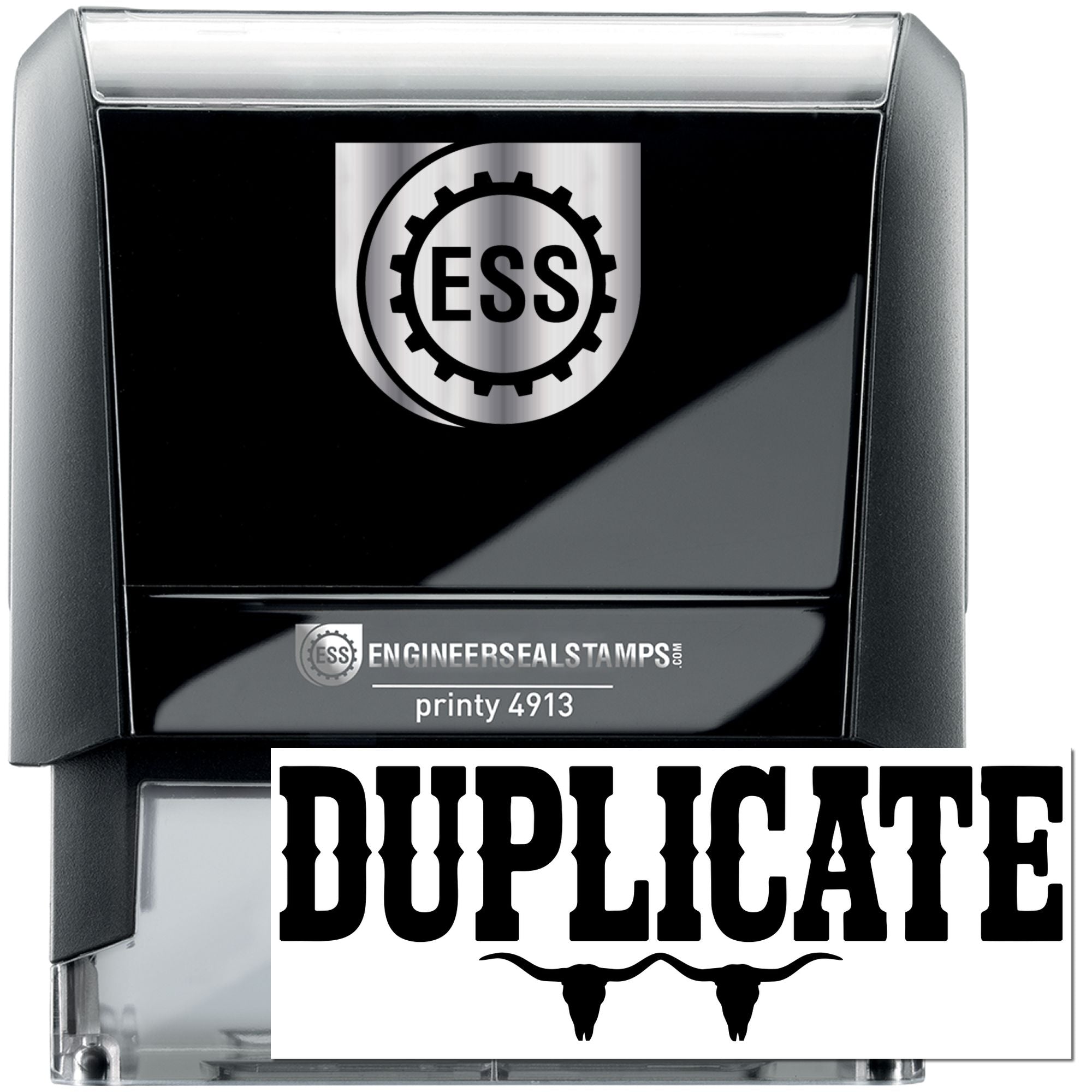Black and silver ESS self-inking duplicate stamp and seal with ENGINEERSEALSTAMPS logo and printy 4913