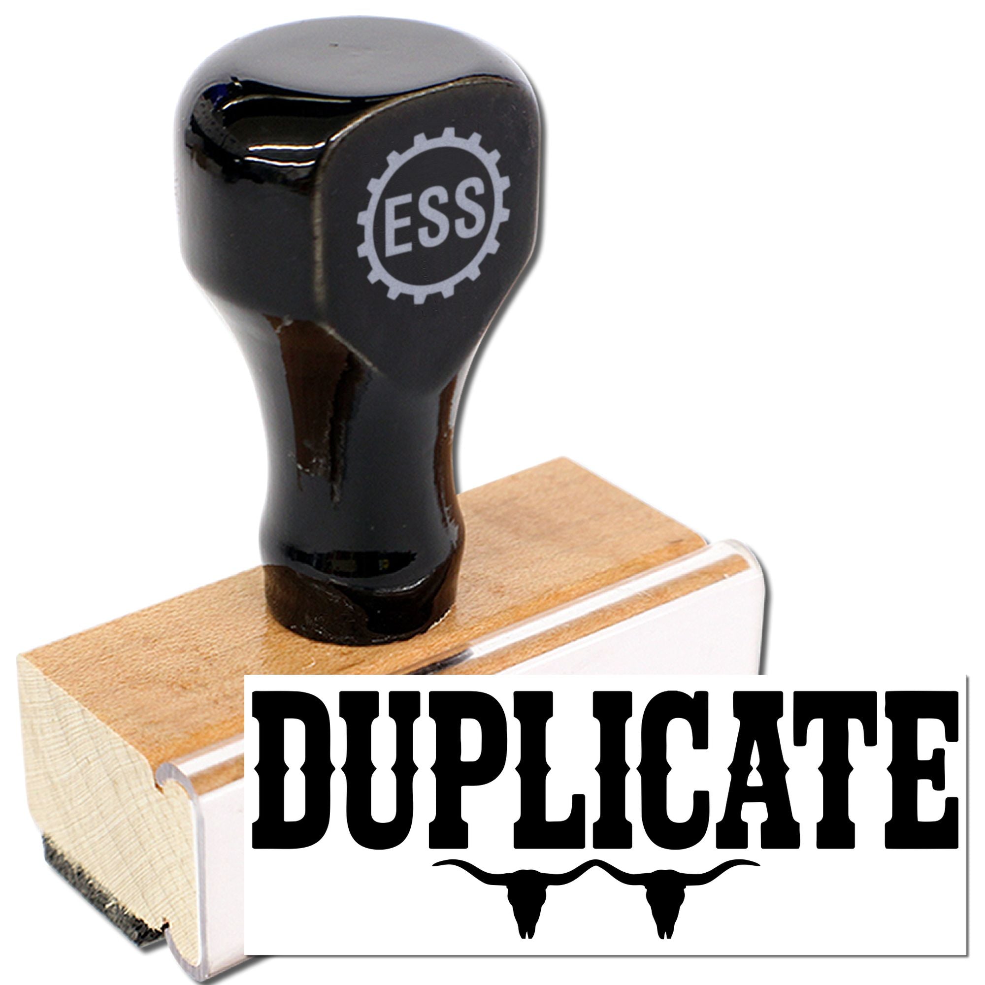Black rubber stamp and seal with ESS logo on wooden base, showing bold DUPLICATE imprint.