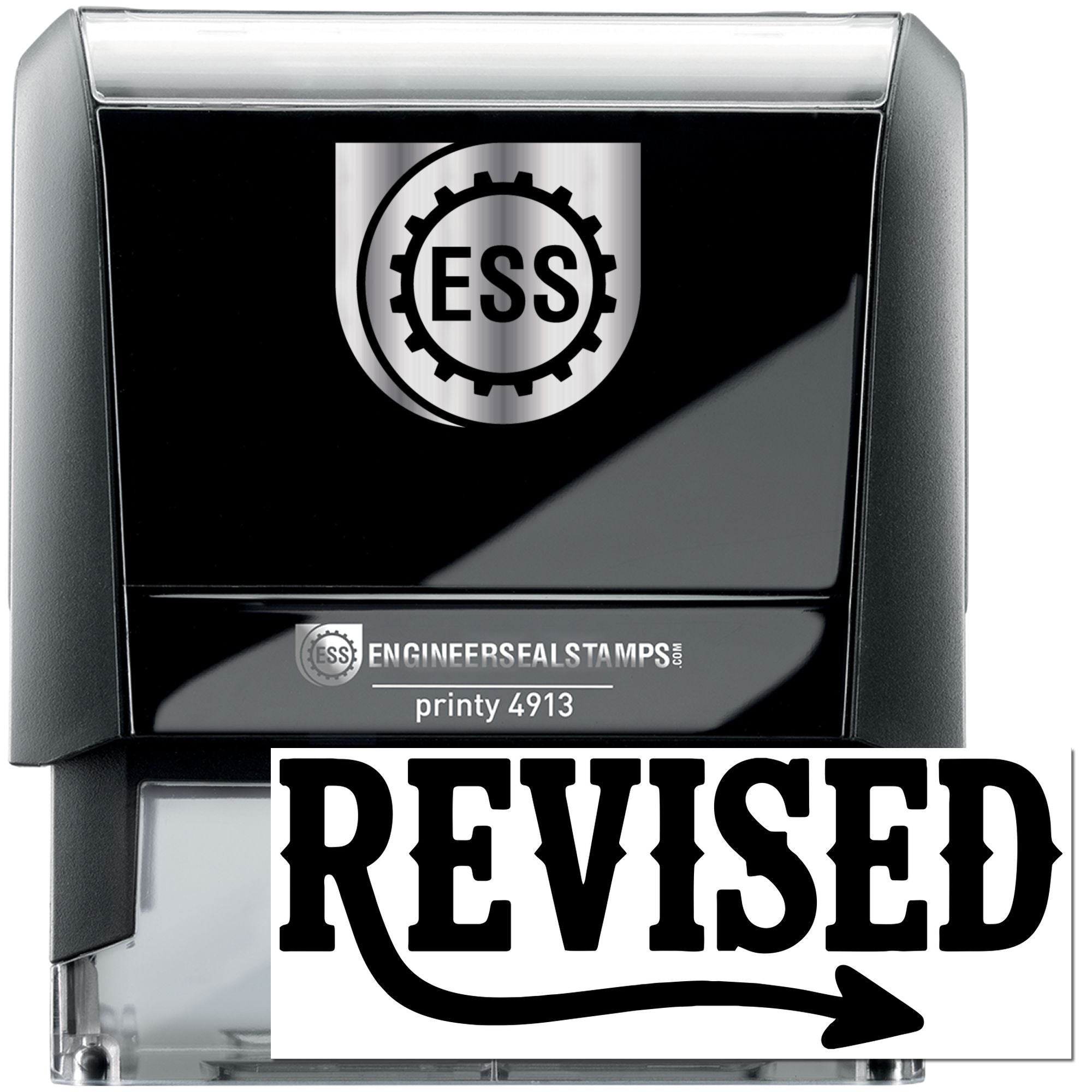 Black Engineer Seal Stamps self-inking revised stamp with silver ESS logo and bold REVISED text