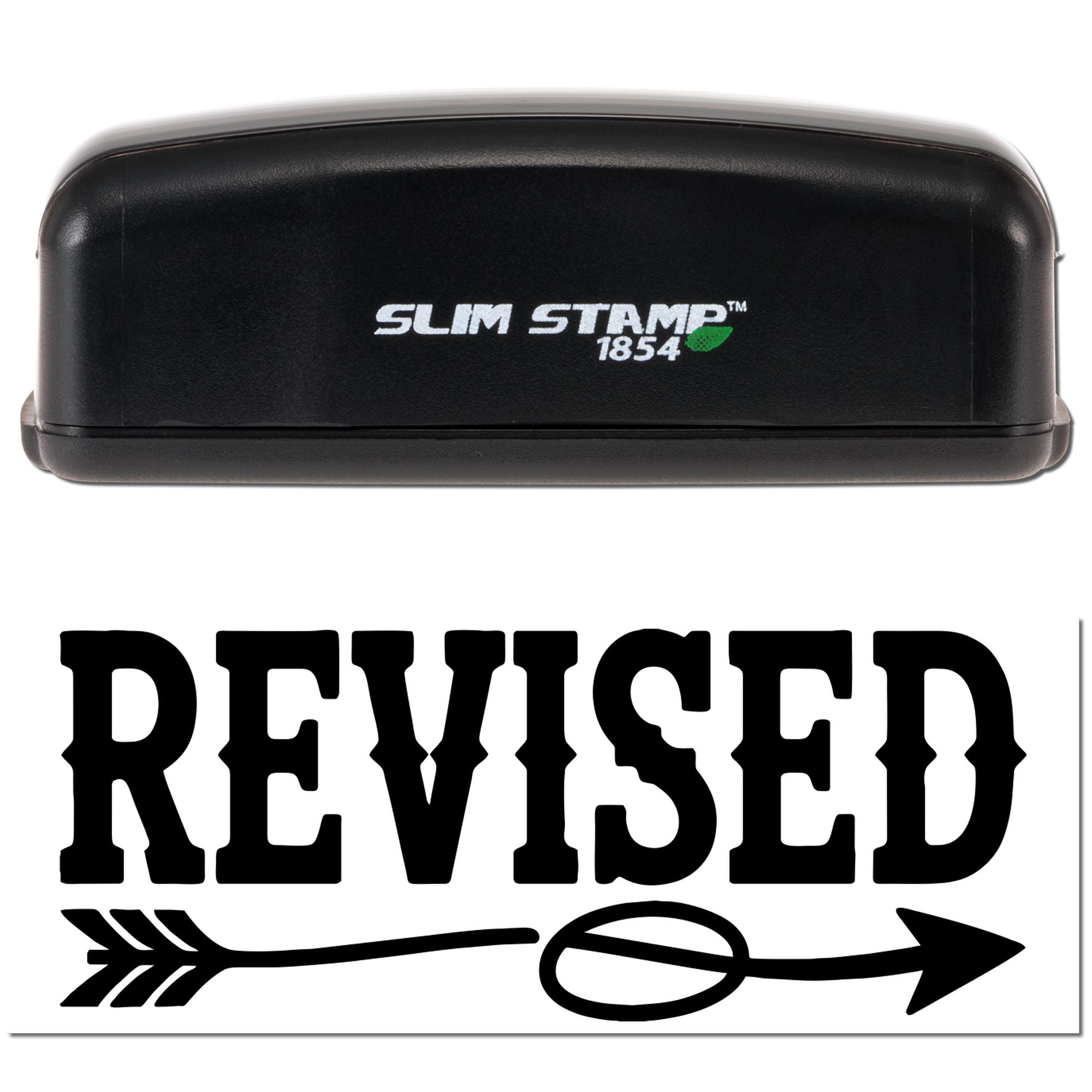 Black SlimStamp 1854 self-inking stamp with green leaf logo and bold REVISED seal design.