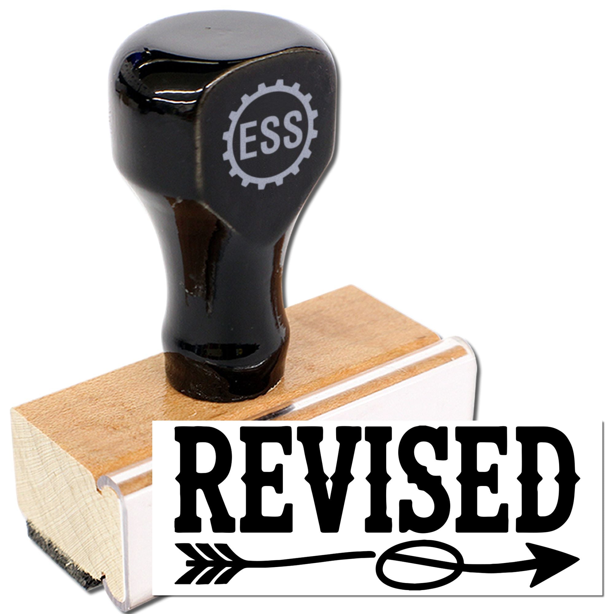 Black self-inking stamp and seal with ESS logo, printing bold REVISED in black on white.
