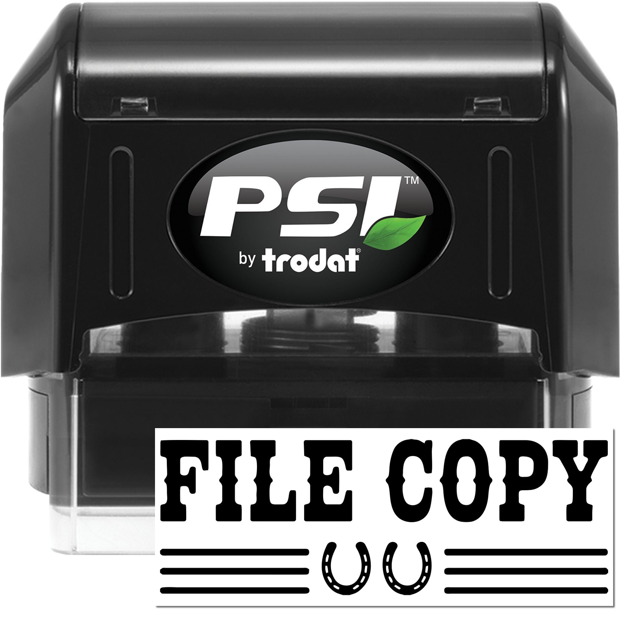 Black PSI by Trodat self-inking stamp and seal with FILE COPY mark on white background