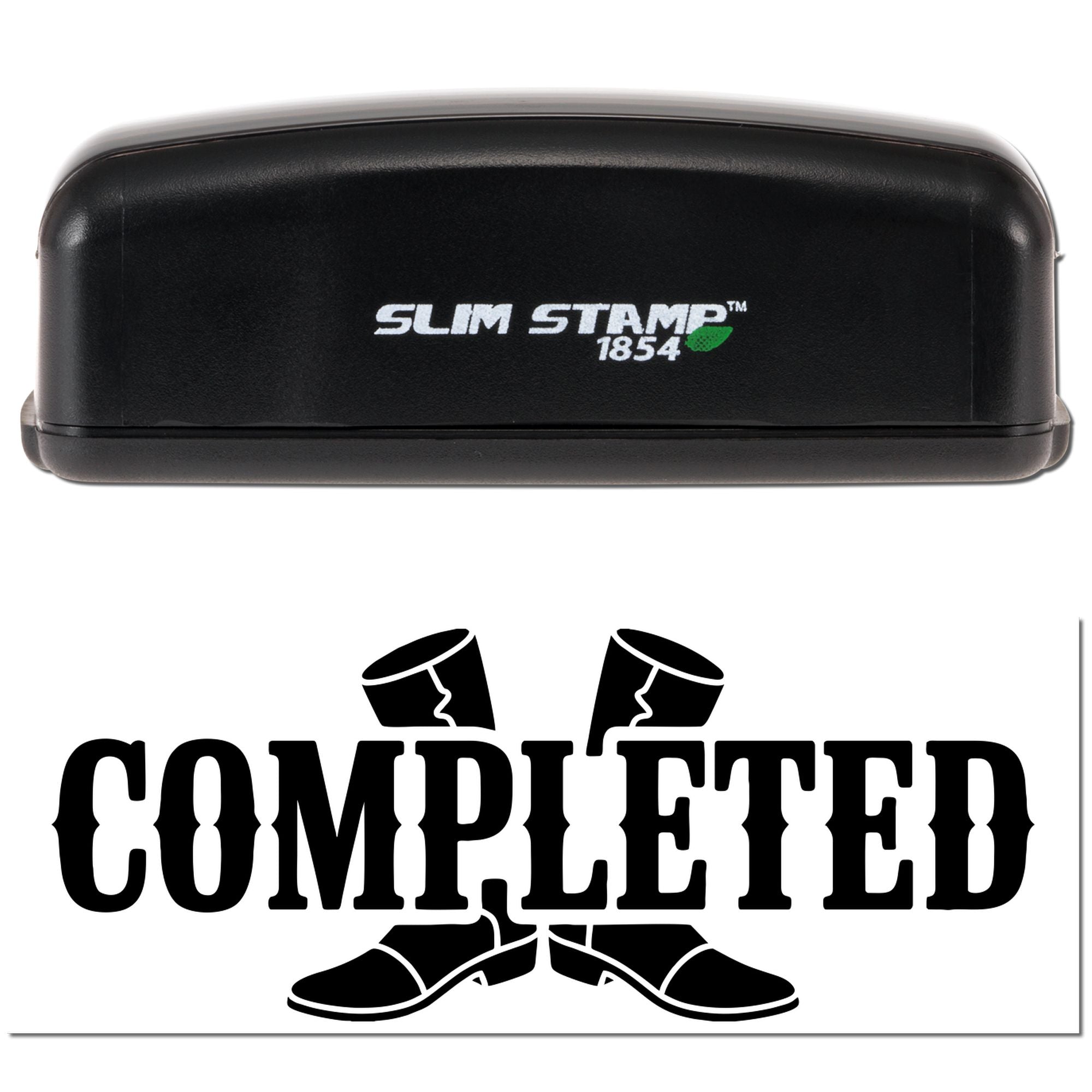 Black Slim Stamp 1854 self-inking stamp with bold completed seal imprint in black on white background.
