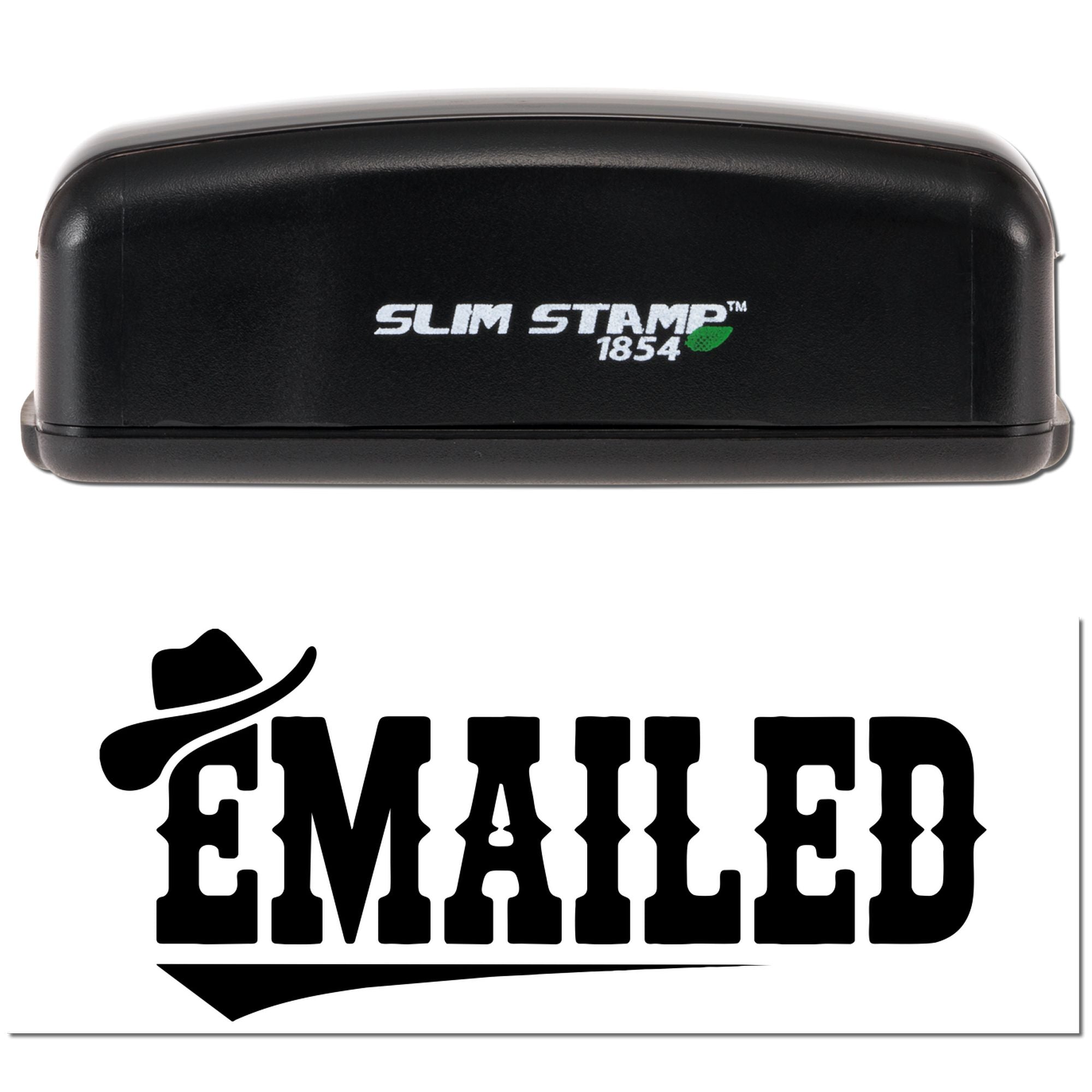 Black Slim Stamp 1854 self-inking stamp with green accent above bold black EMAILED seal logo on white background.