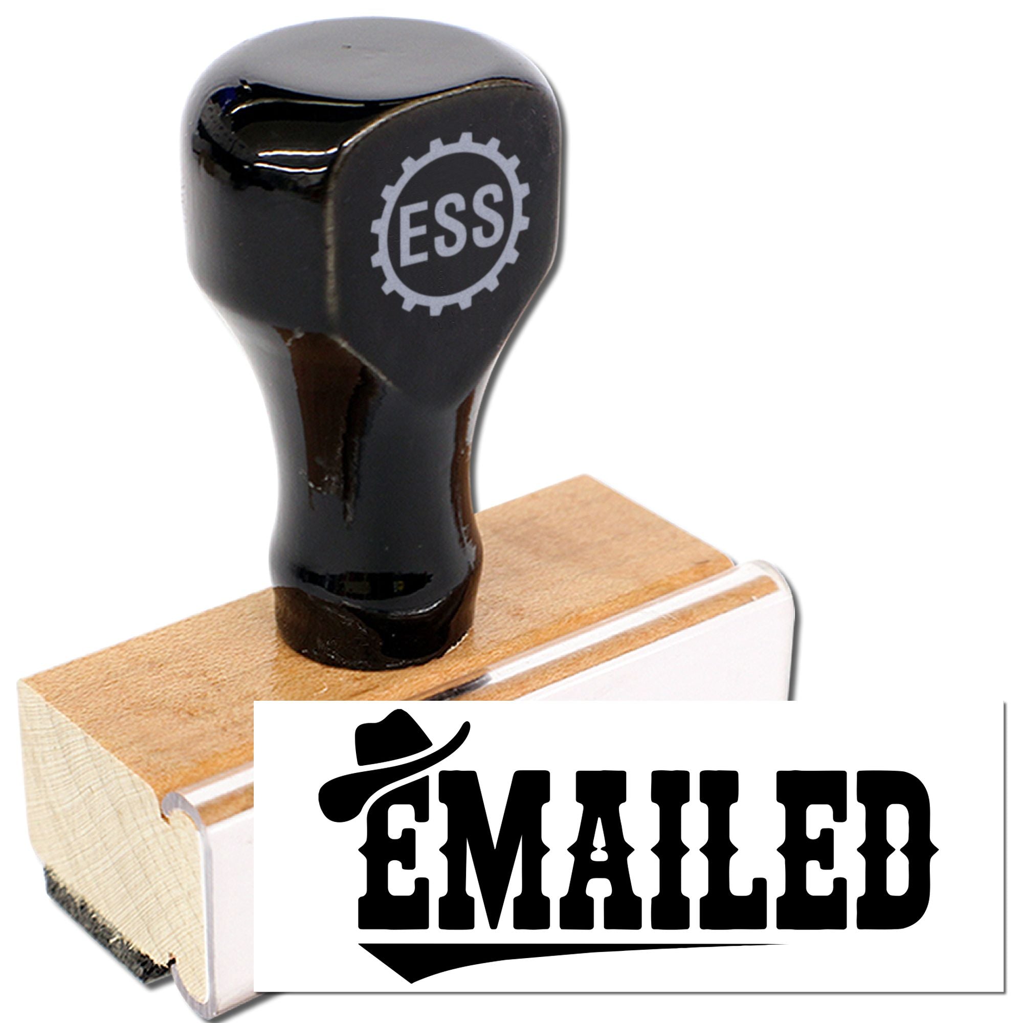 Black self-inking stamp with wooden base and EMAILED seal, featuring a gray ESS gear logo on the handle.