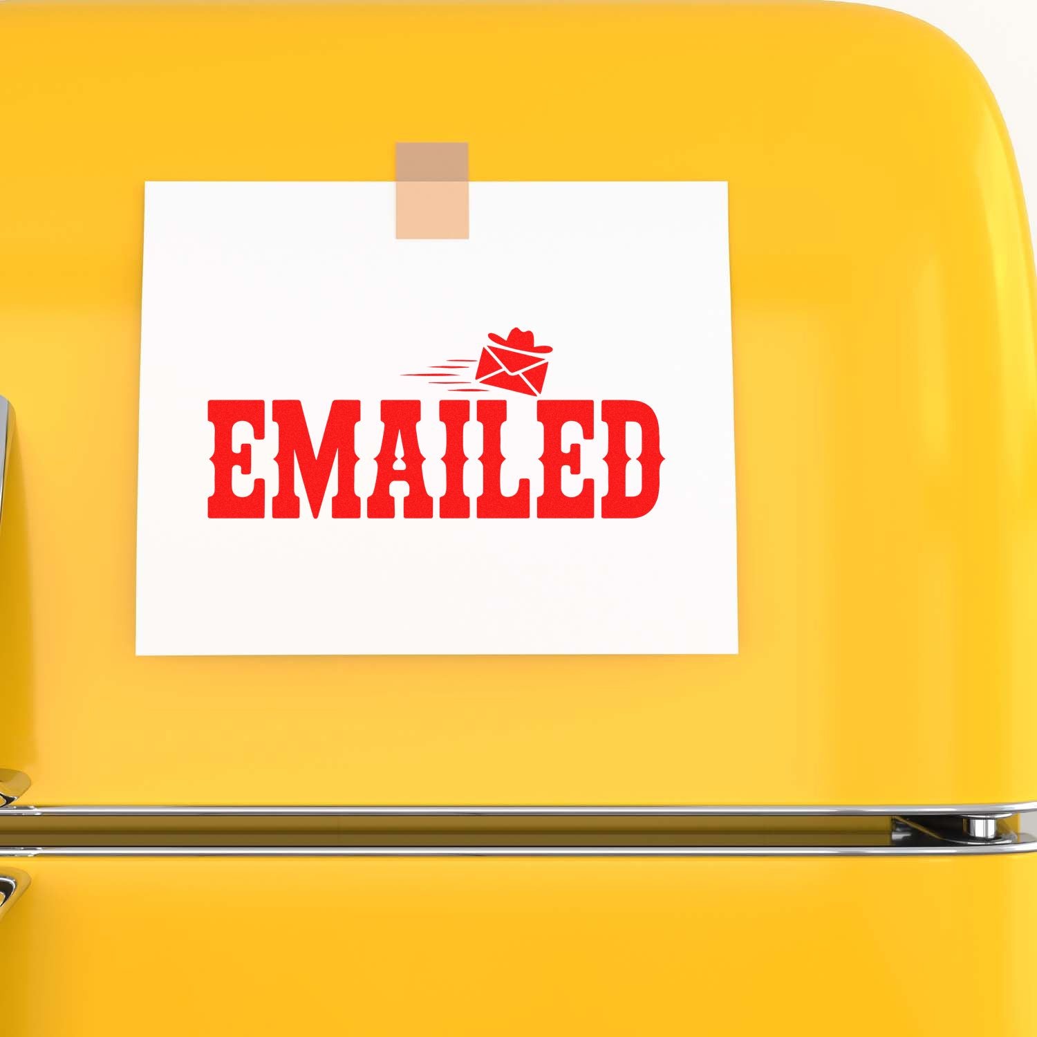 Red EMAILED stamp and seal on white paper, taped against a bright yellow background with an envelope icon.