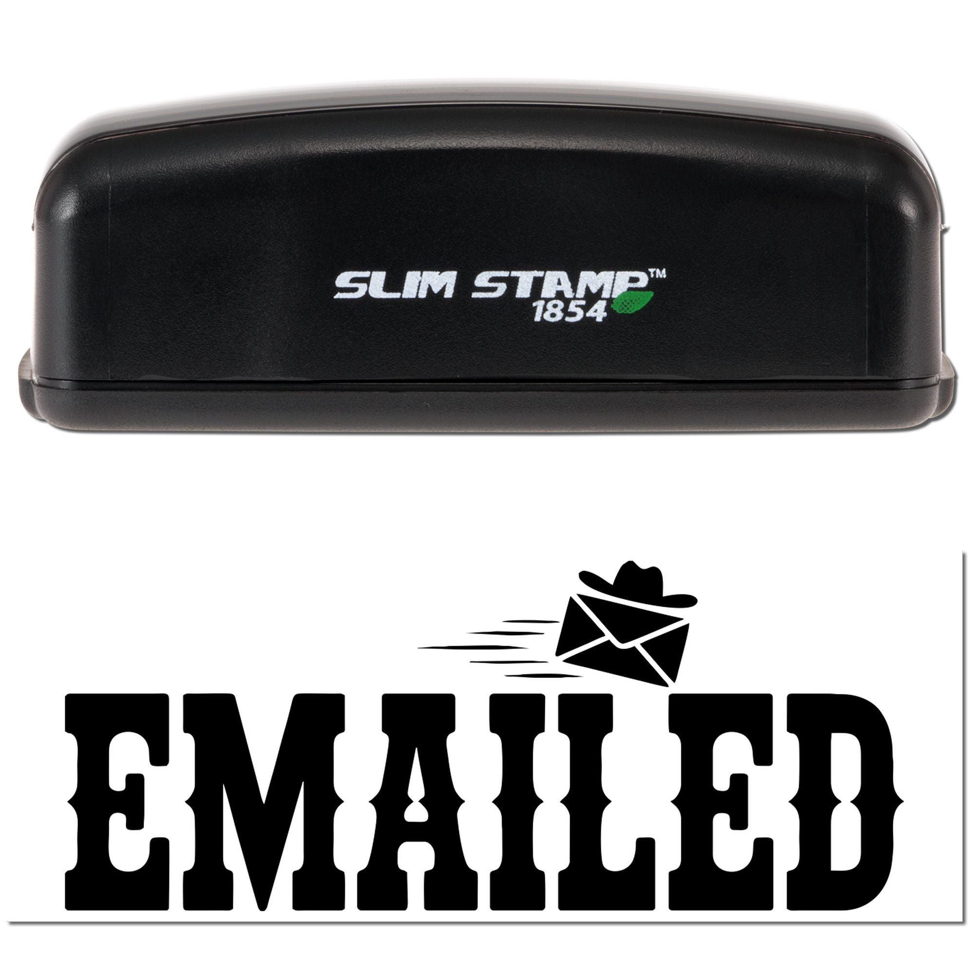Black Slim Stamp 1854 stamp and EMAILED seal with envelope icon on a white background.