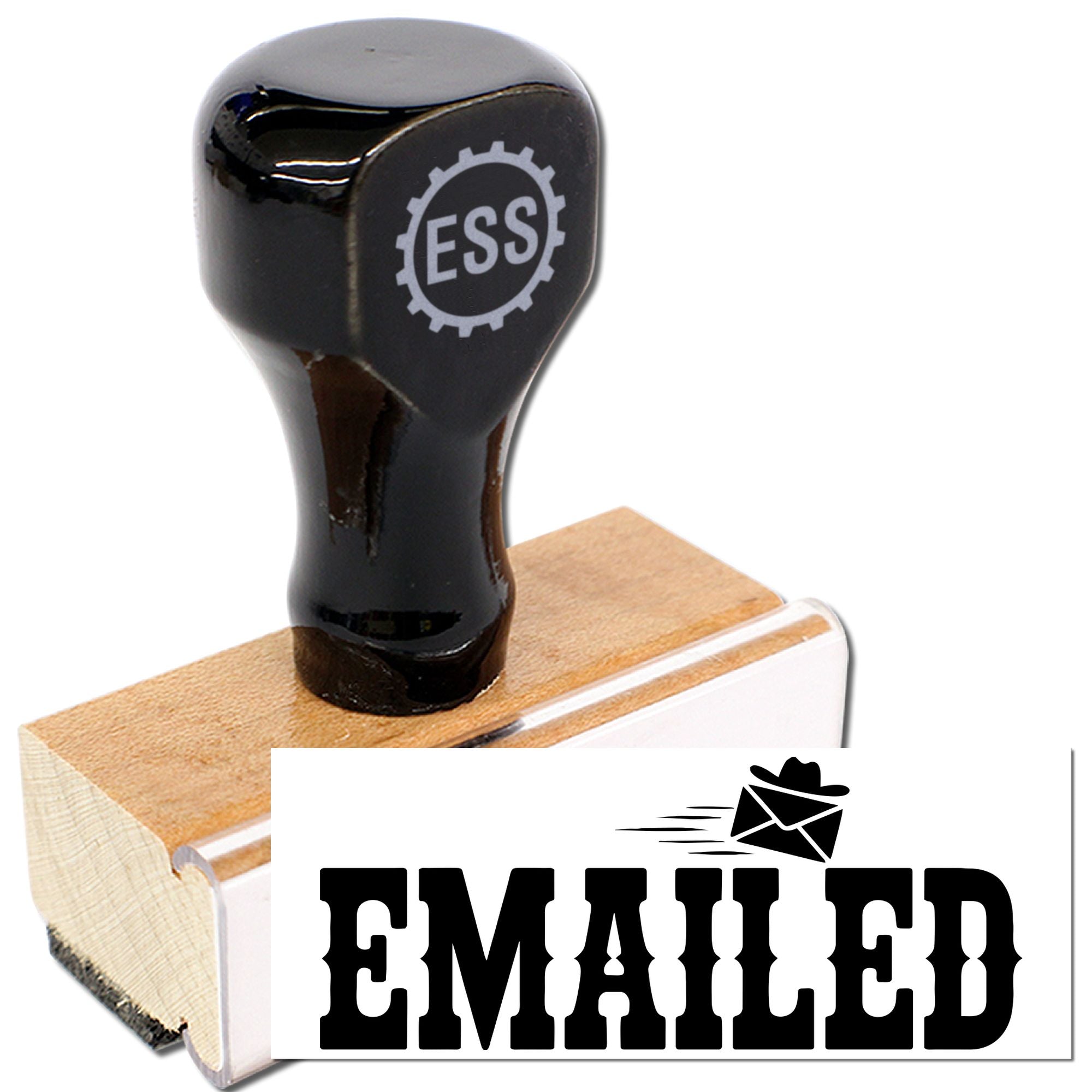 Black custom rubber stamp and wooden seal on wood base with EMAILED imprint, shown on a white background.