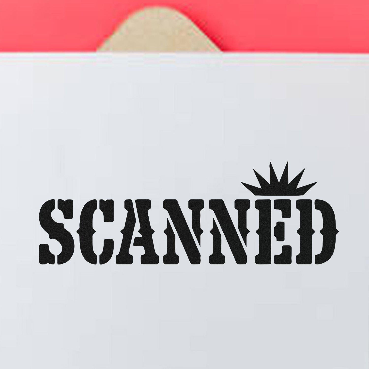 Black SCANNED rubber stamp and starburst seal on white paper with a red envelope flap.