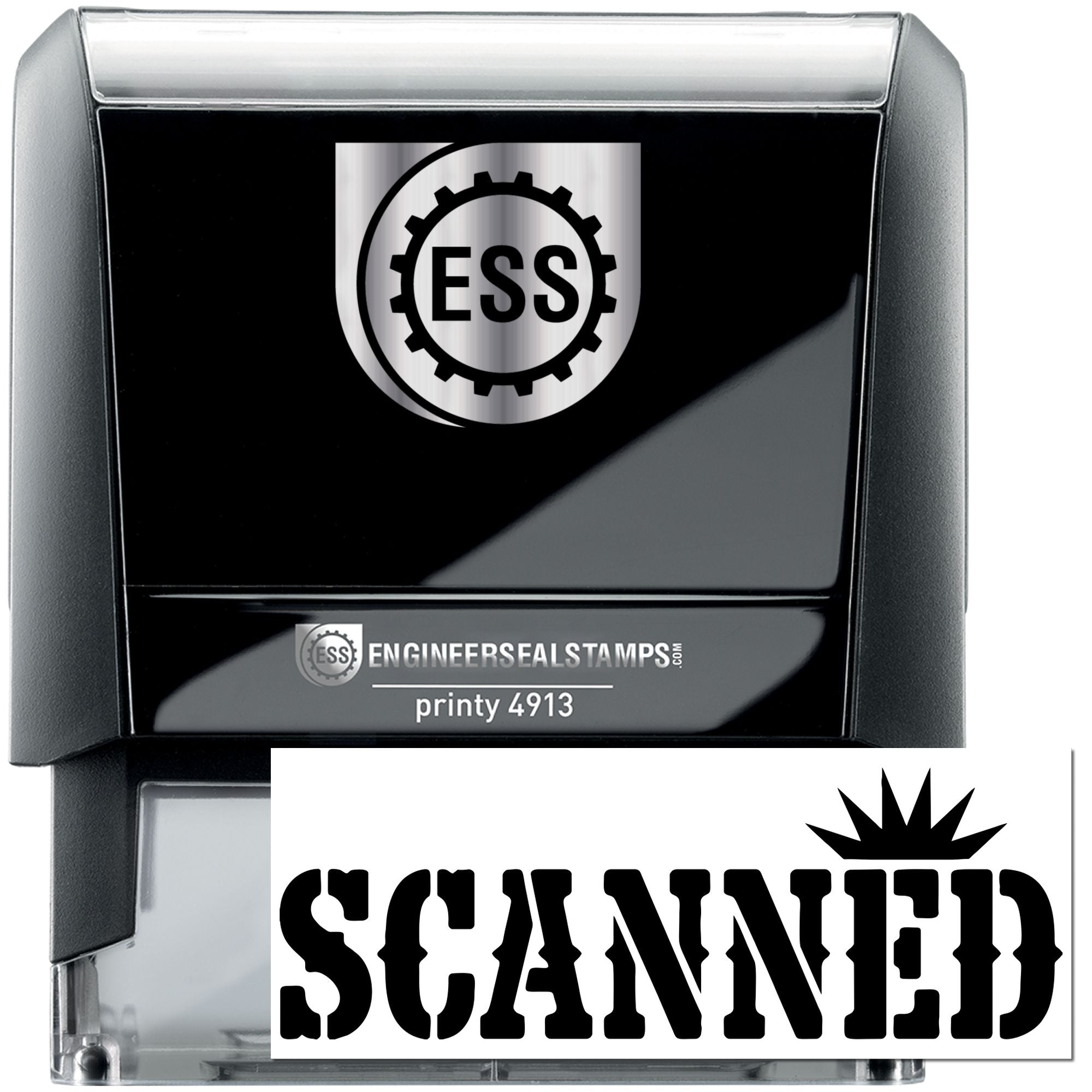 Black ESS self-inking engineer seal stamp with silver accents and SCANNED imprint